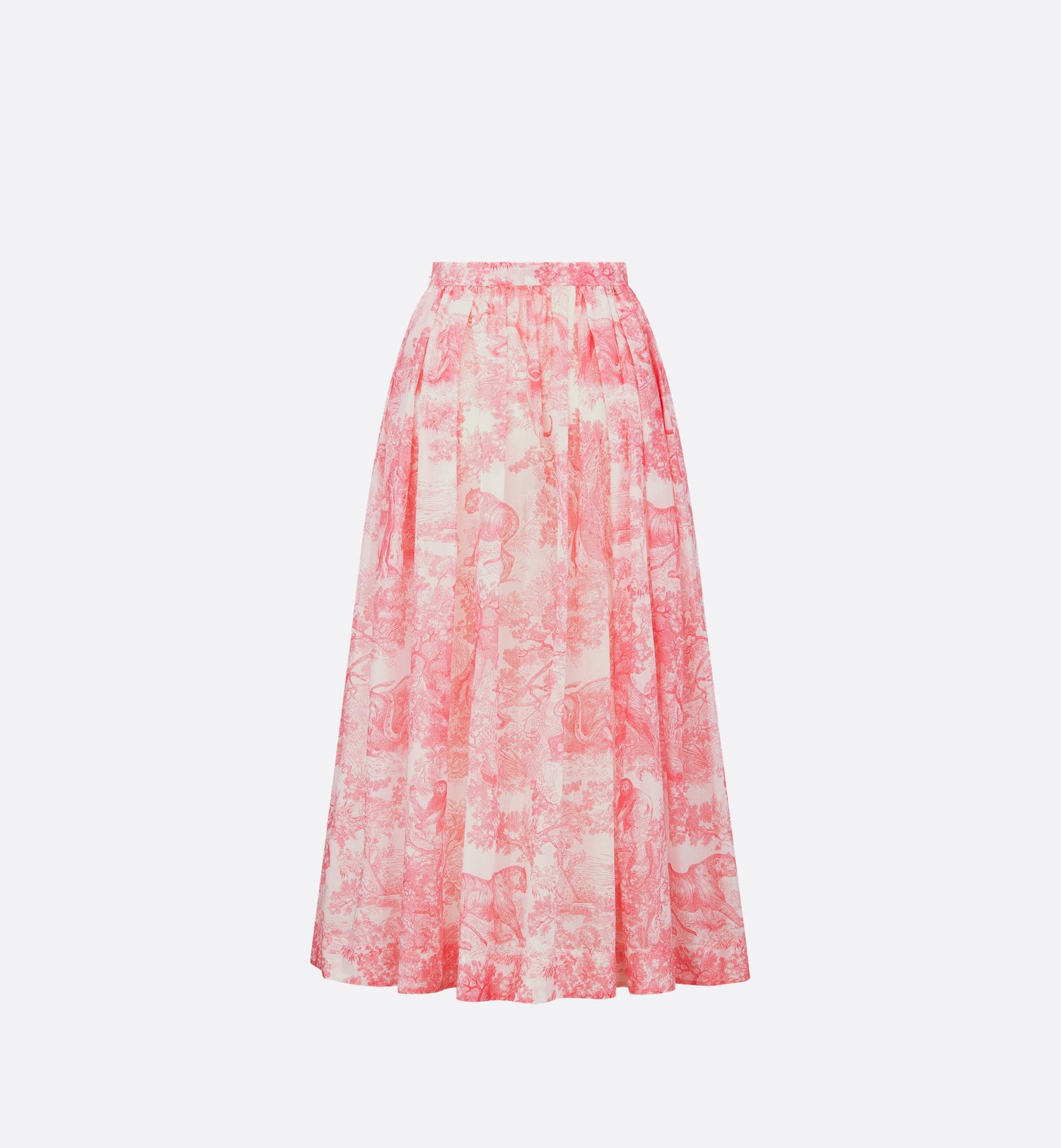 Dioriviera Flared Mid Length Skirt White And Candy Pink Cotton Muslin With Toile De Jouy Sauvage Motif