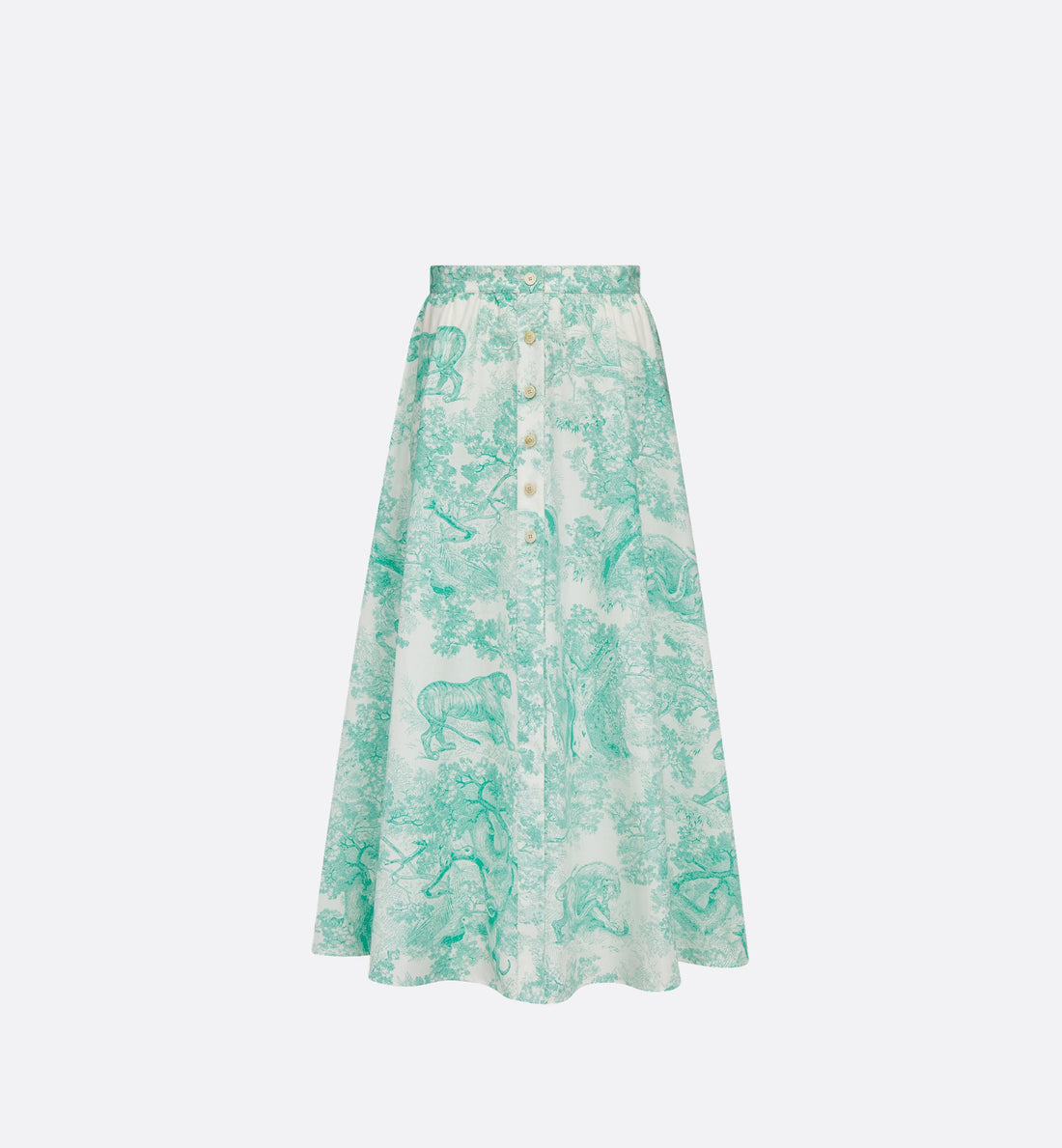 Dioriviera Flared Mid-Length Skirt White And Aquamarina Cotton And Silk Poplin With Toile De Jouy Sauvage Motif