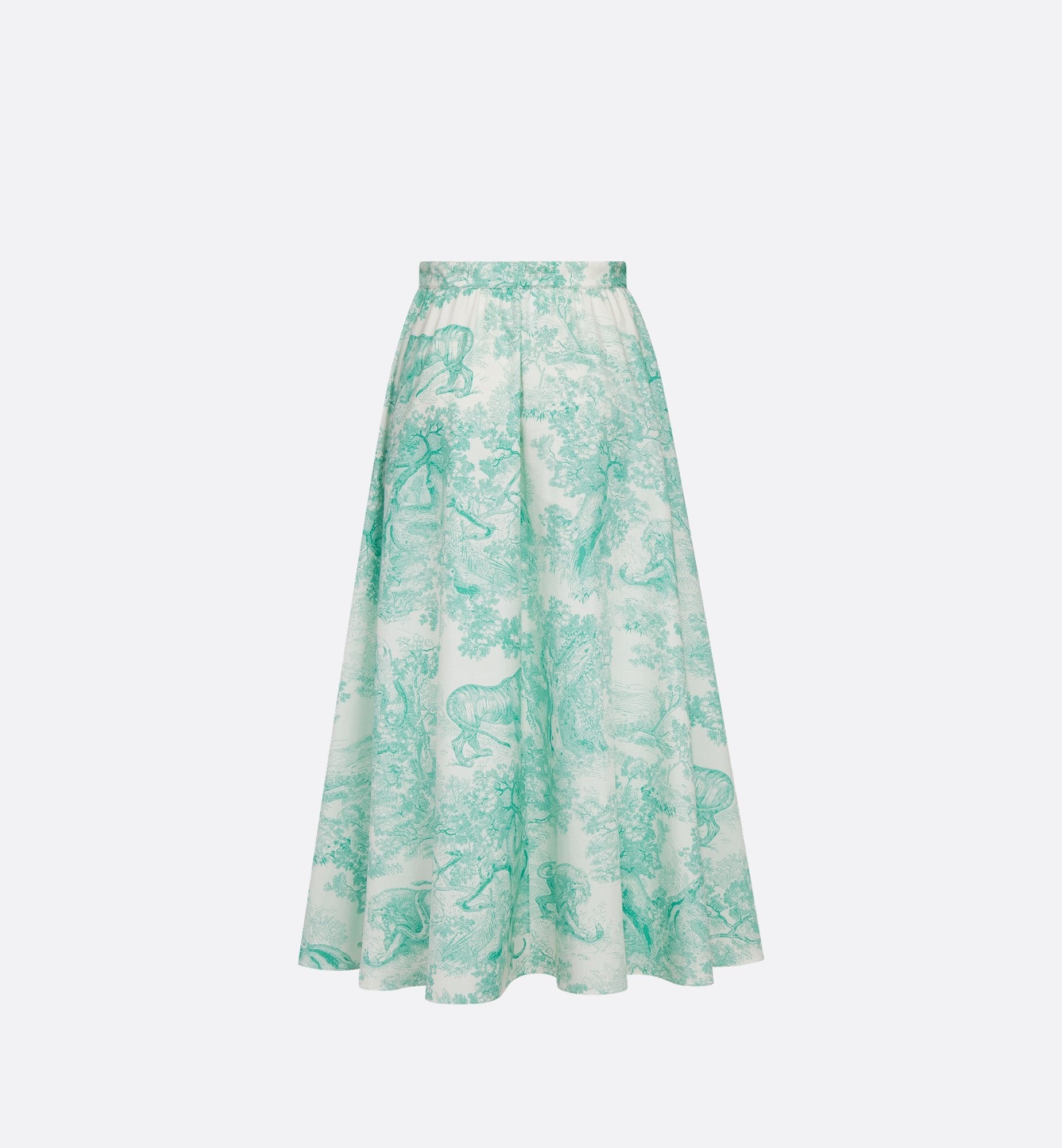 Dioriviera Flared Mid-Length Skirt White And Aquamarina Cotton And Silk Poplin With Toile De Jouy Sauvage Motif