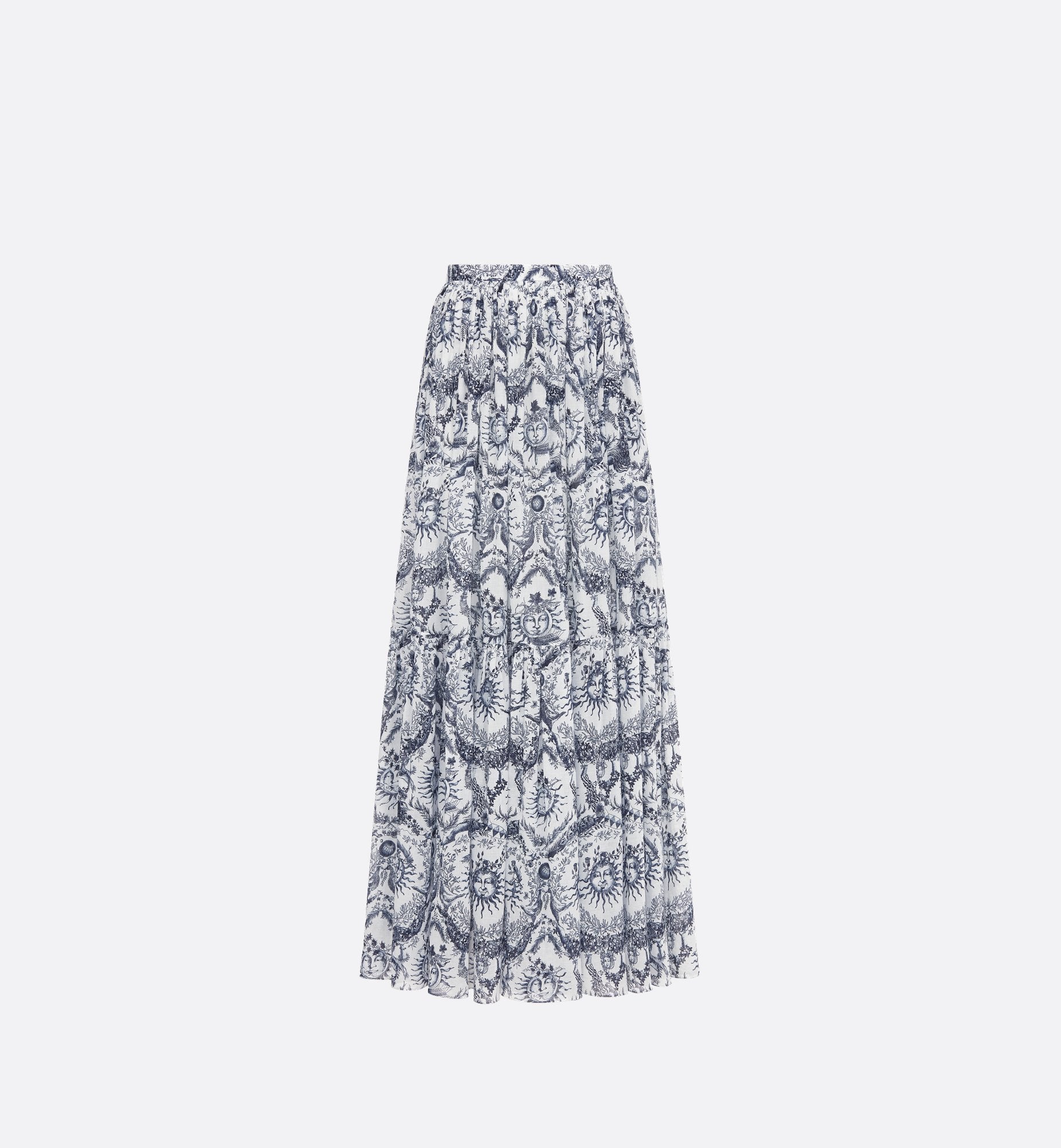 Dioriviera Pleated Long Skirt White And Navy Blue Cotton Muslin With Toile De Jouy Soleil Motif