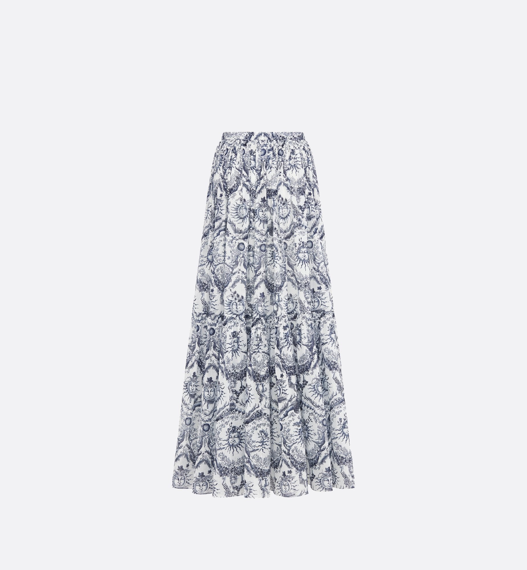 Dioriviera Pleated Long Skirt White And Navy Blue Cotton Muslin With Toile De Jouy Soleil Motif