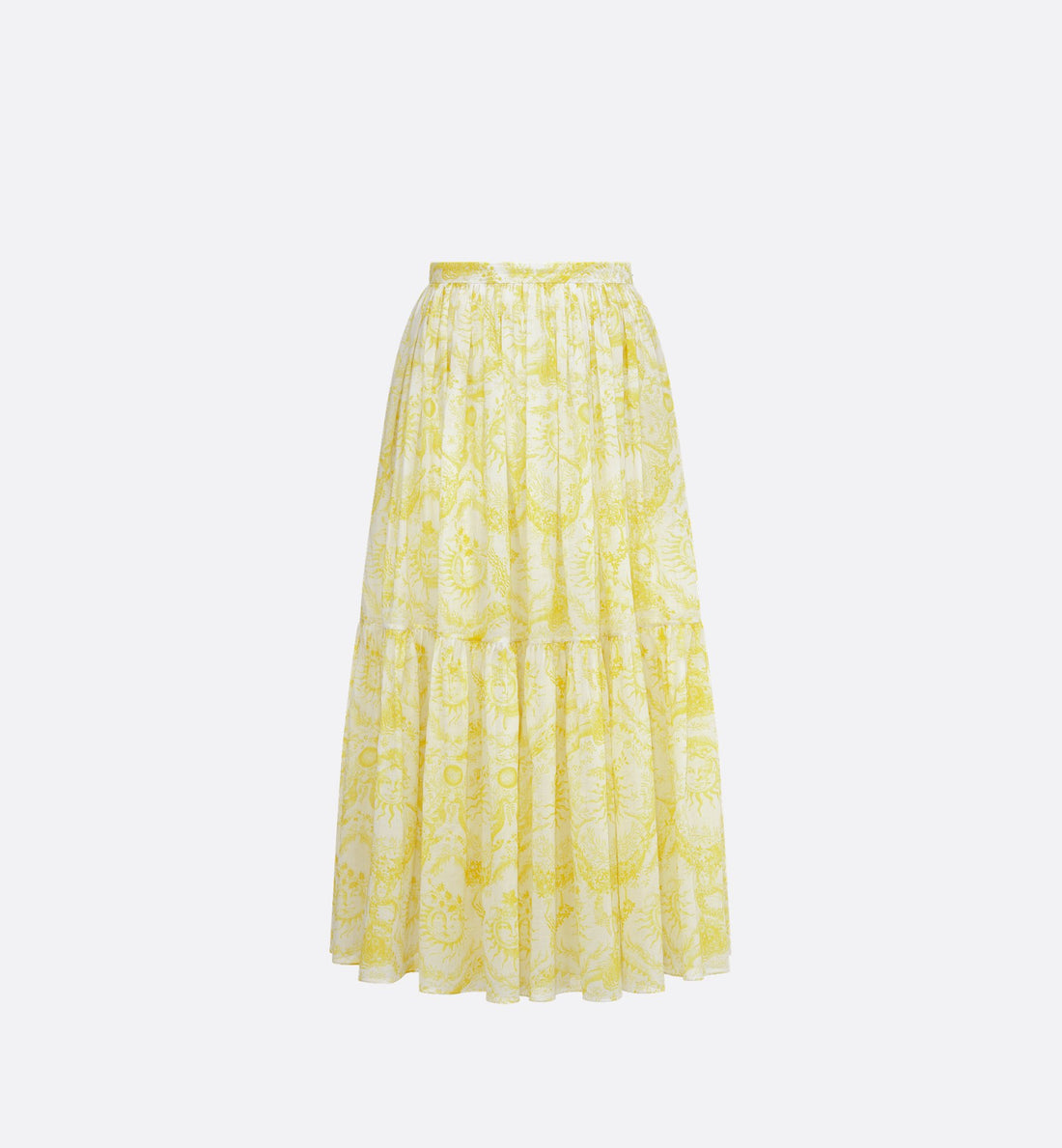 Dioriviera Mid-Length Skirt White And Lemon Yellow Cotton Muslin With Toile De Jouy Soleil Motif