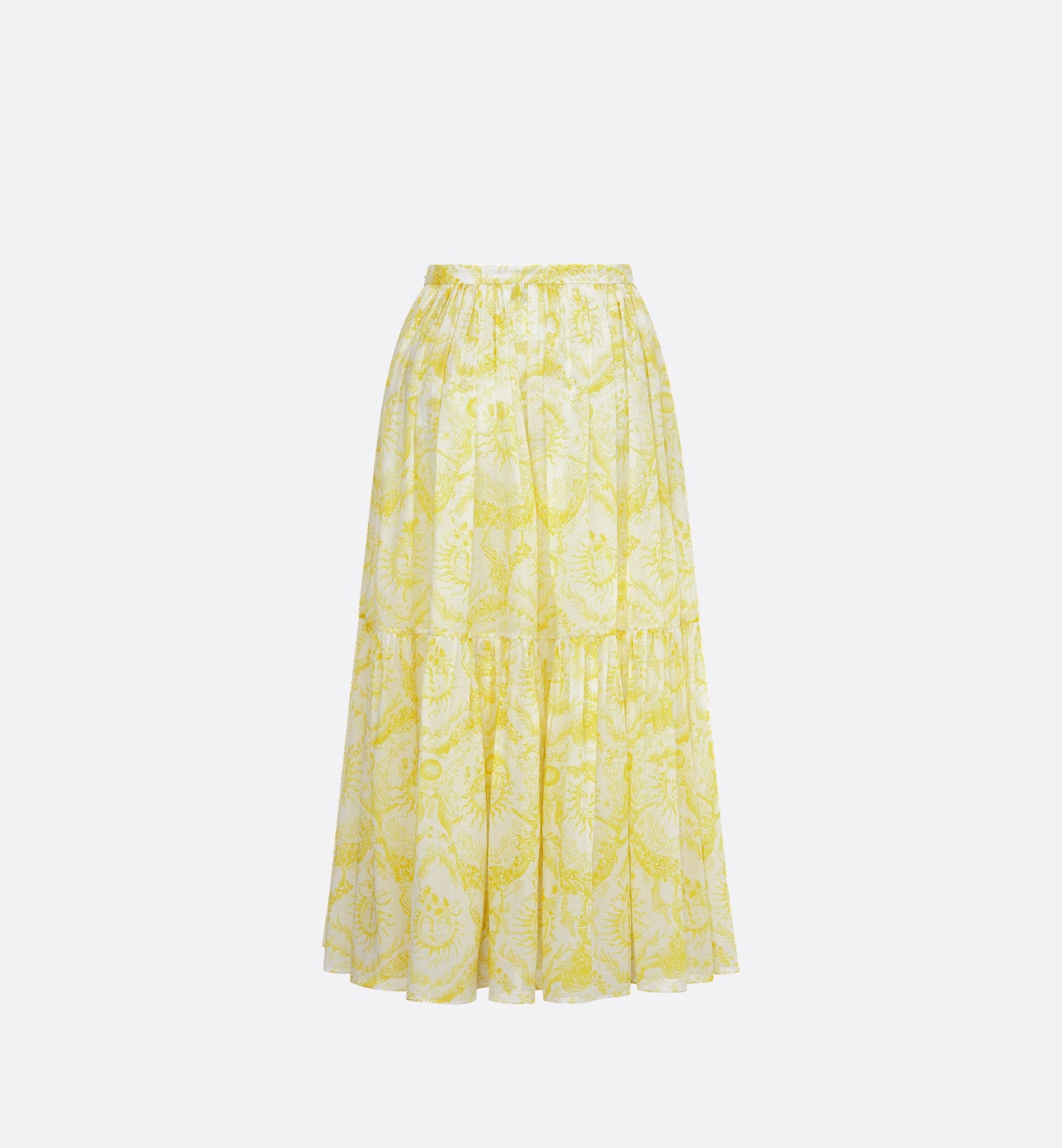 Dioriviera Mid Length Skirt White And Lemon Yellow Cotton Muslin With Toile De Jouy Soleil Motif