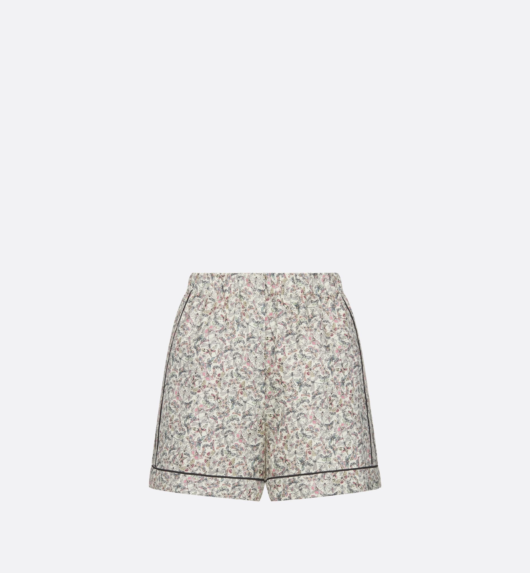 Shorts White Silk Twill With Multicolor Libellule Camouflage Motif