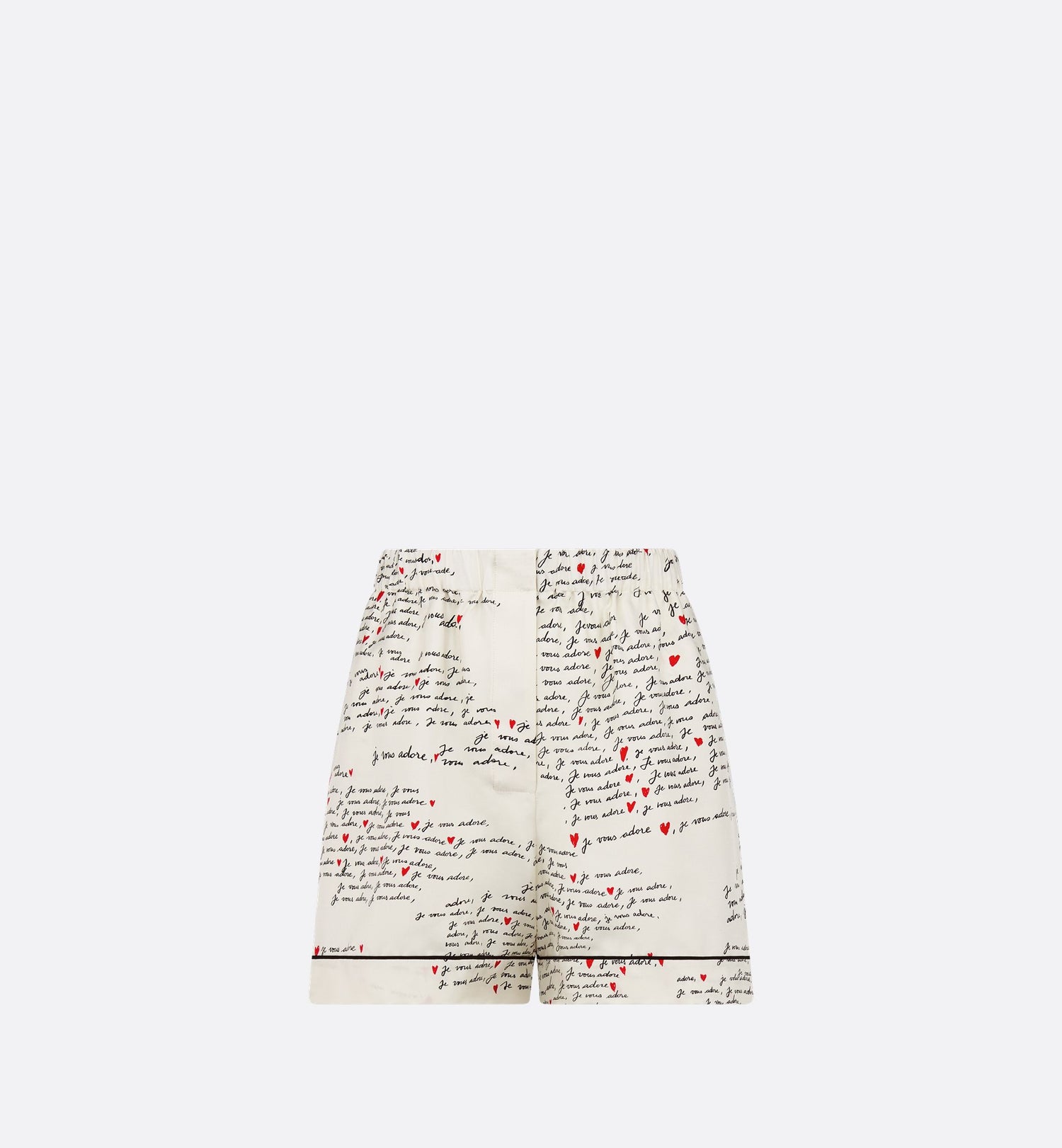 Dioramour Shorts White Silk Twill With Black And Red Je Vous Adore Motif