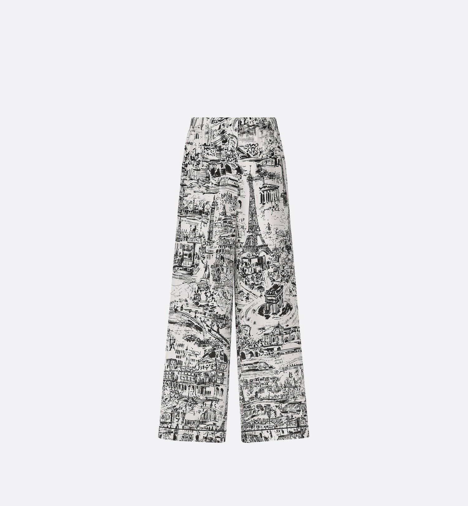 Pants White And Black Silk Twill With Paris Allover Motif