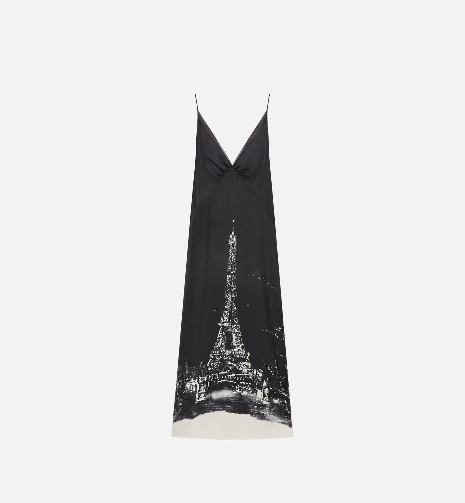 A Line Mid Length Dress Black And White Silk Twill With Paris Motif