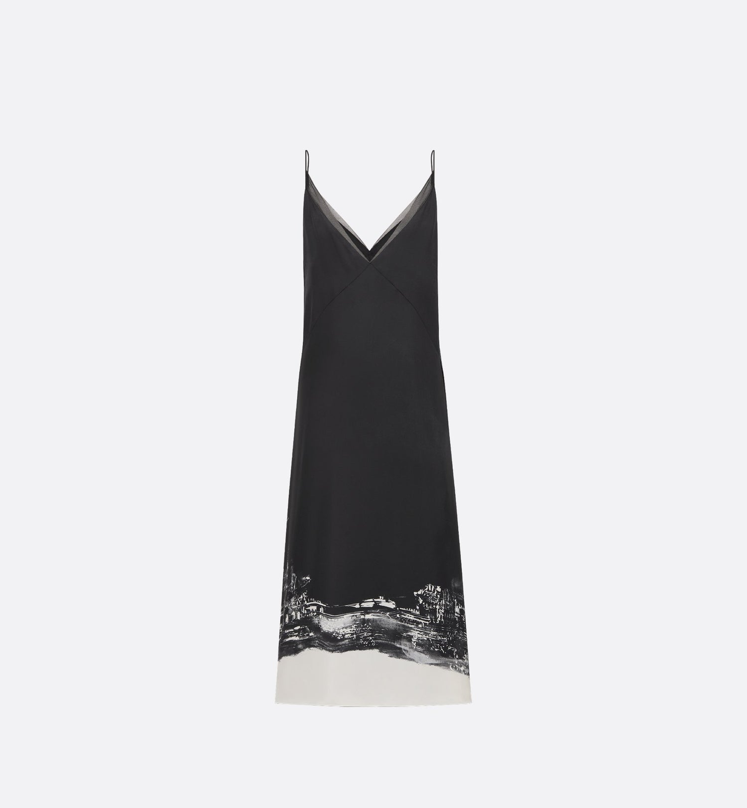 A Line Mid Length Dress Black And White Silk Twill With Paris Motif