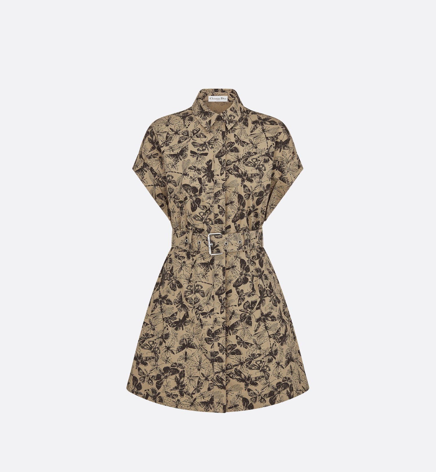 Short Shirtdress Beige And Black Cotton Gabardine With Libellule Camouflage Motif