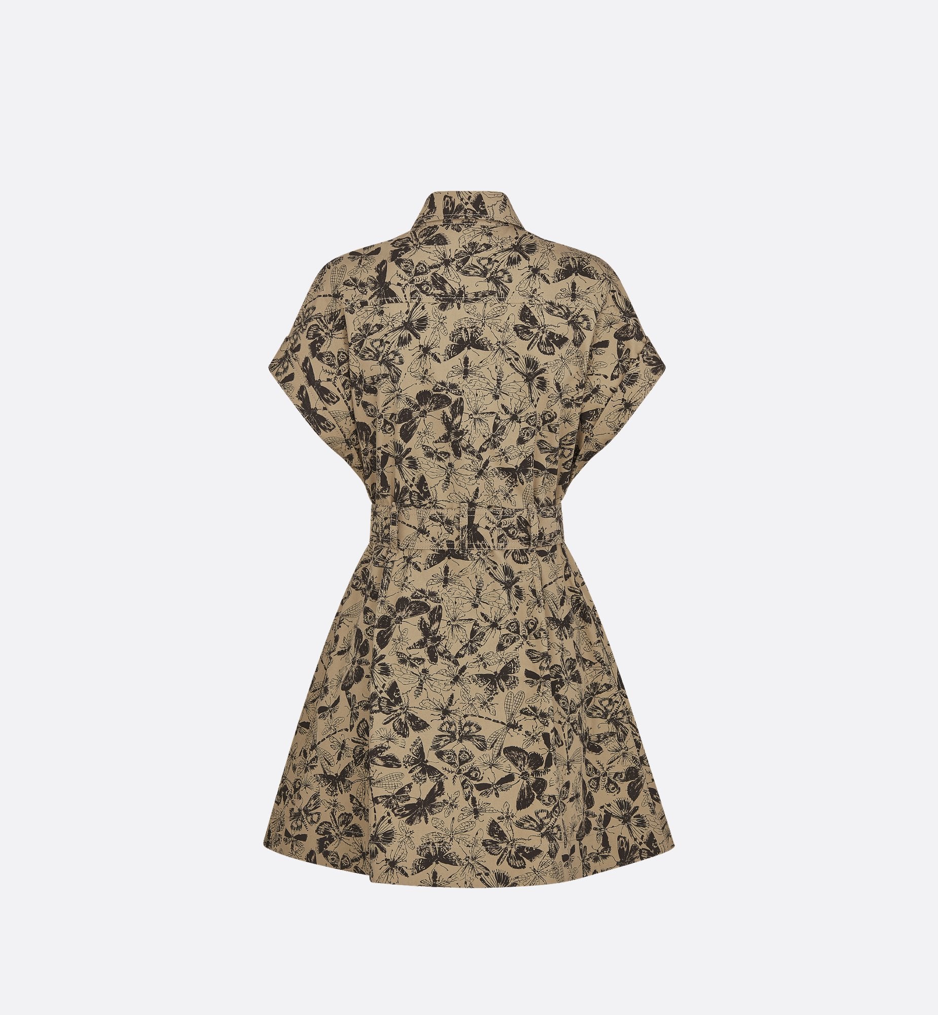 Short Shirtdress Beige And Black Cotton Gabardine With Libellule Camouflage Motif