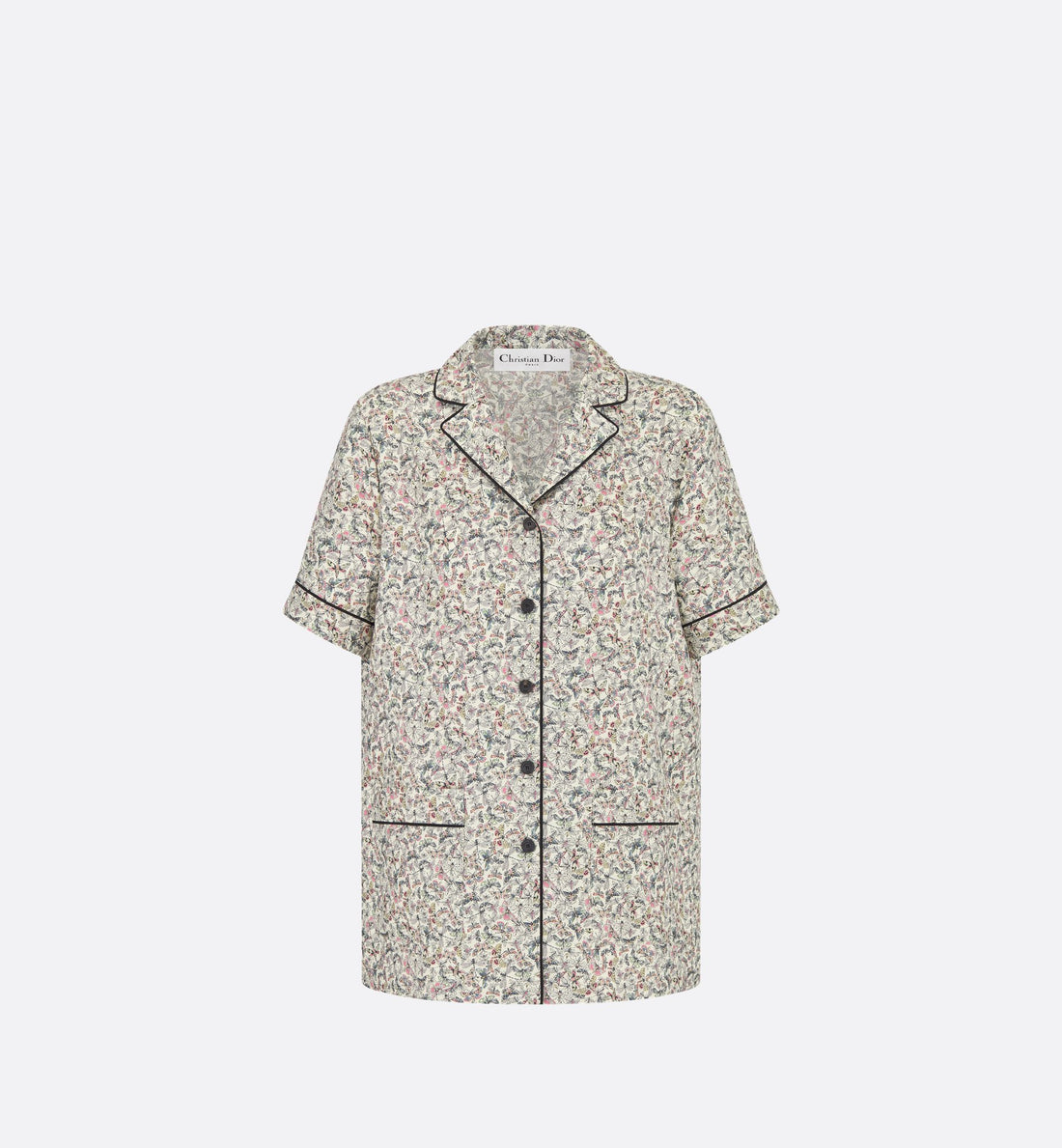 Short-Sleeved Shirt White Silk Twill With Multicolor Libellule Camouflage Motif