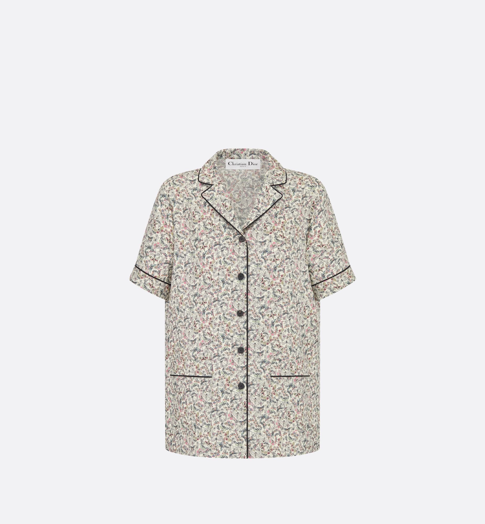 Short Sleeved Shirt White Silk Twill With Multicolor Libellule Camouflage Motif