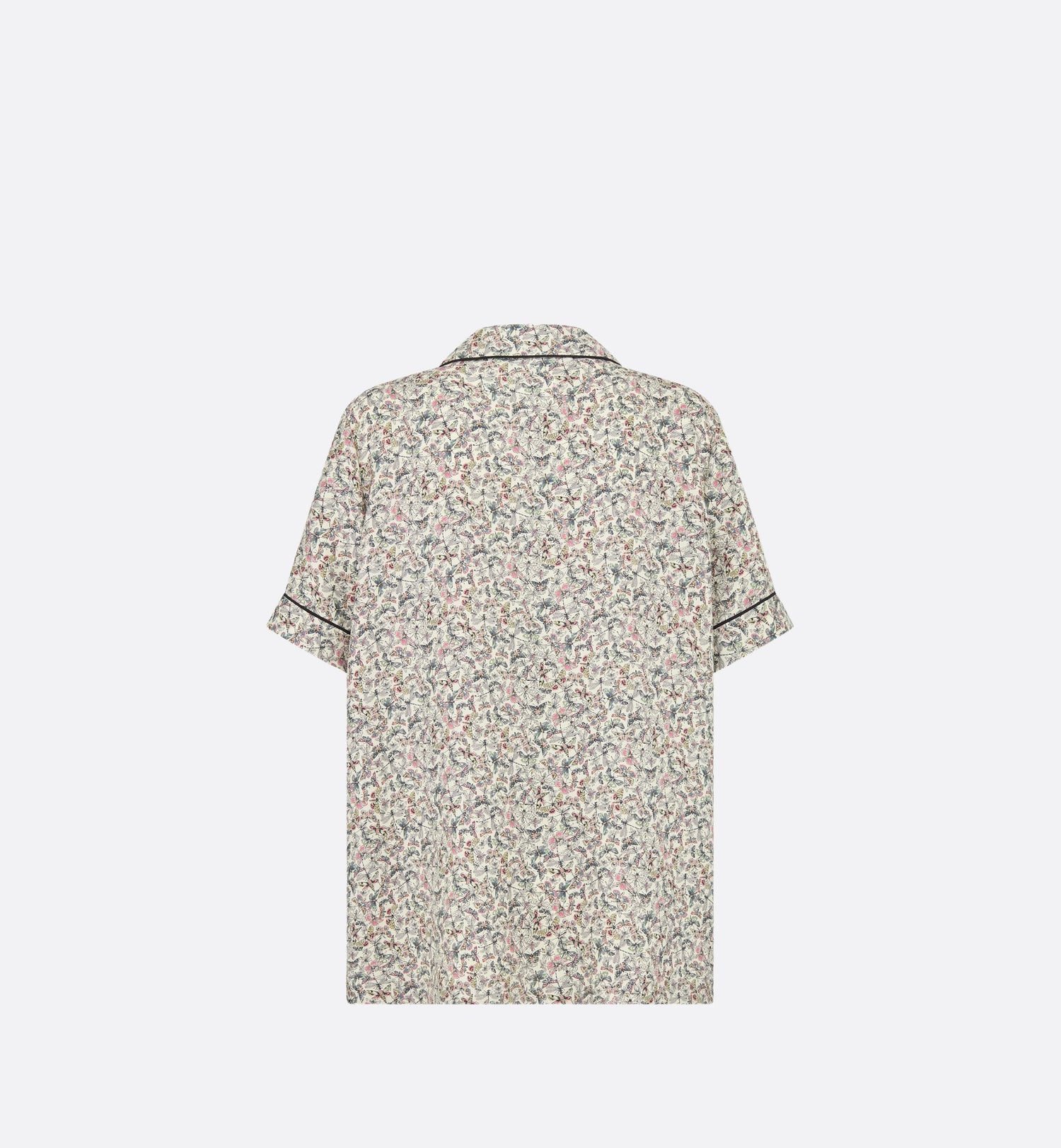 Short Sleeved Shirt White Silk Twill With Multicolor Libellule Camouflage Motif