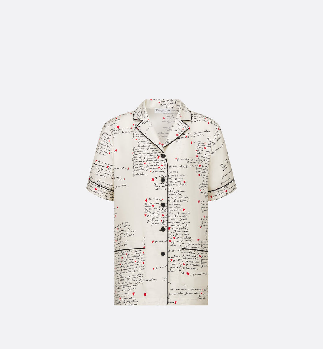 Dioramour Short Sleeved Shirt White Silk Twill With Black And Red Je Vous Adore Motif