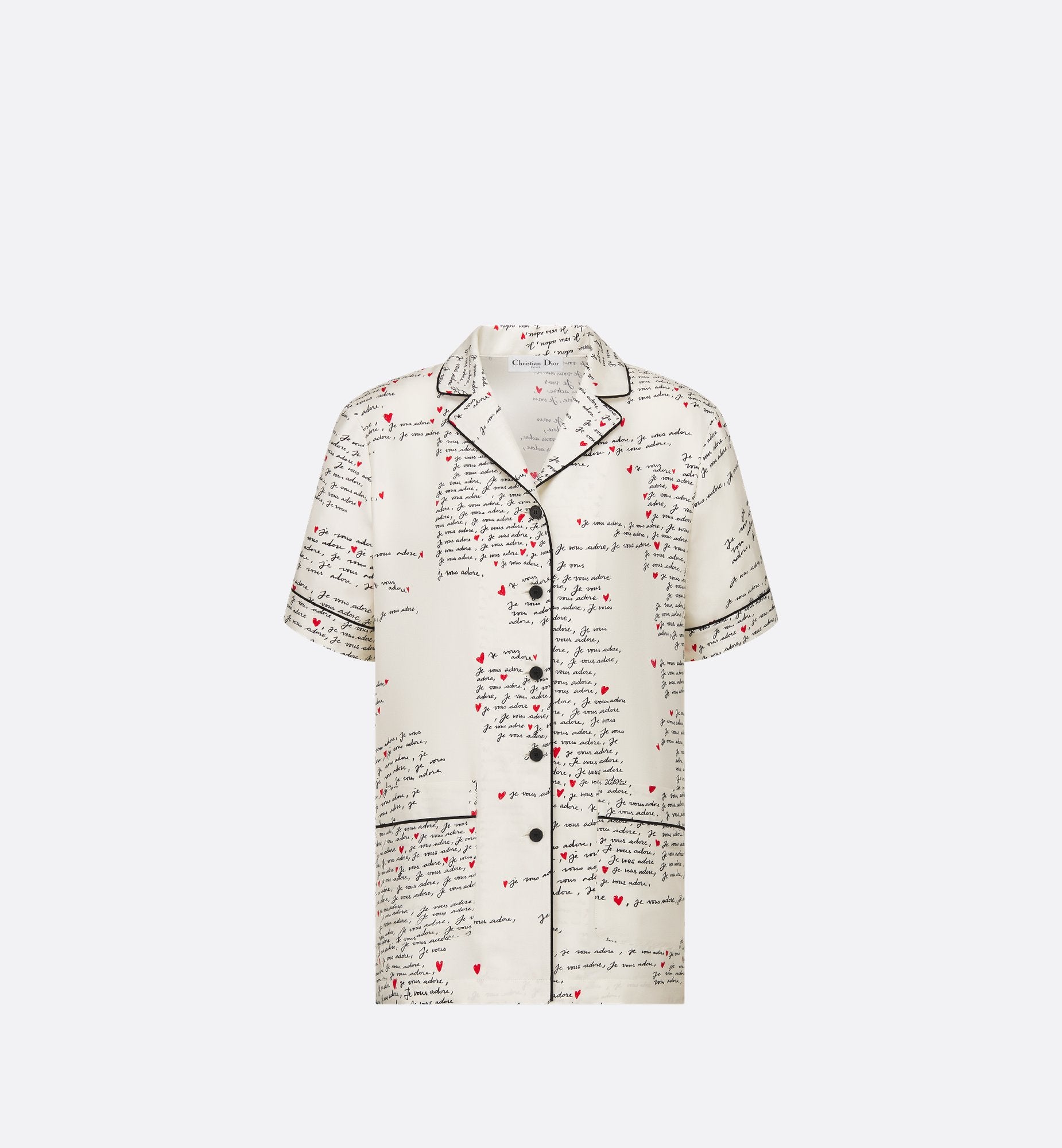 Dioramour Short-Sleeved Shirt White Silk Twill With Black And Red Je Vous Adore Motif