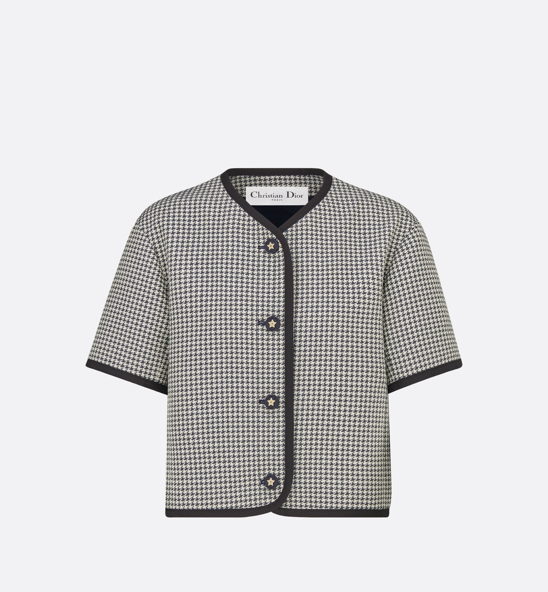 Short Sleeved Jacket Blue And White Cotton-Blend Jacquard With Micro-Houndstooth Motif