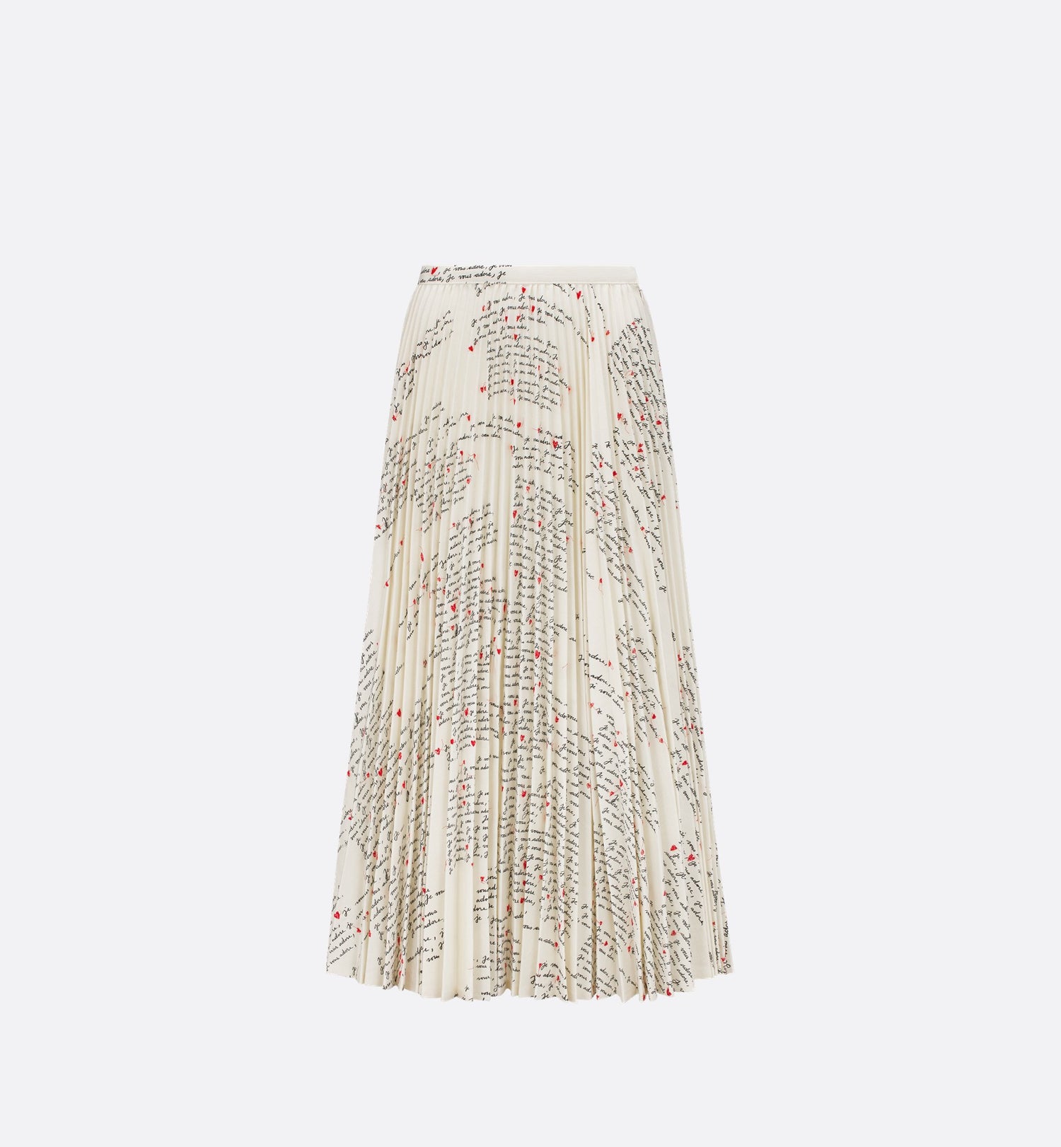 Dioramour Mid Length Pleated Skirt White Cotton Denim With Black And Red Embroidered Je Vous Adore Motif