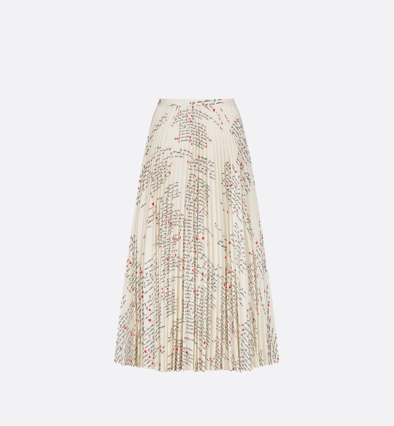 Dioramour Mid-Length Pleated Skirt White Cotton Denim With Black And Red Embroidered Je Vous Adore Motif