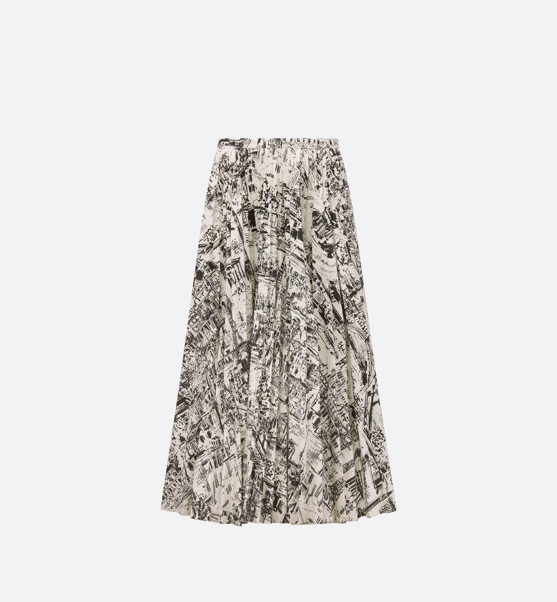 Pleated Mid Length Skirt White And Black Cotton Denim With Paris Allover Motif