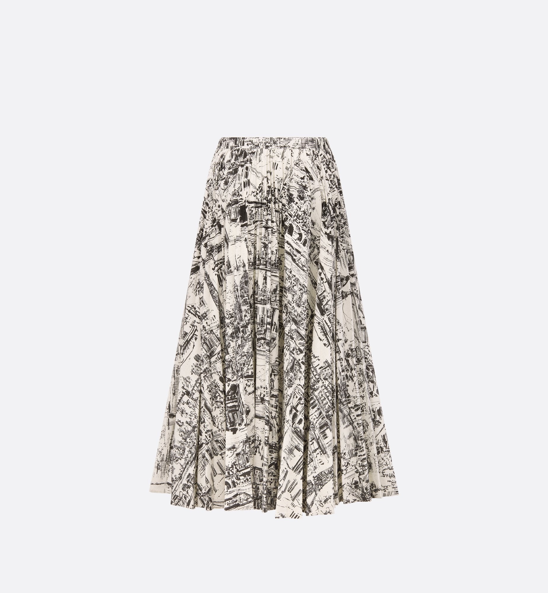 Pleated Mid-Length Skirt White And Black Cotton Denim With Paris Allover Motif