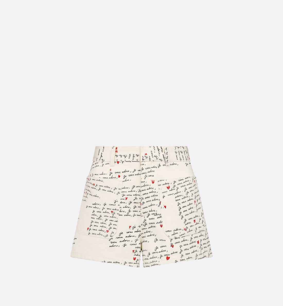 Dioramour Shorts White Cotton Denim With Black And Red Embroidered Je Vous Adore Motif