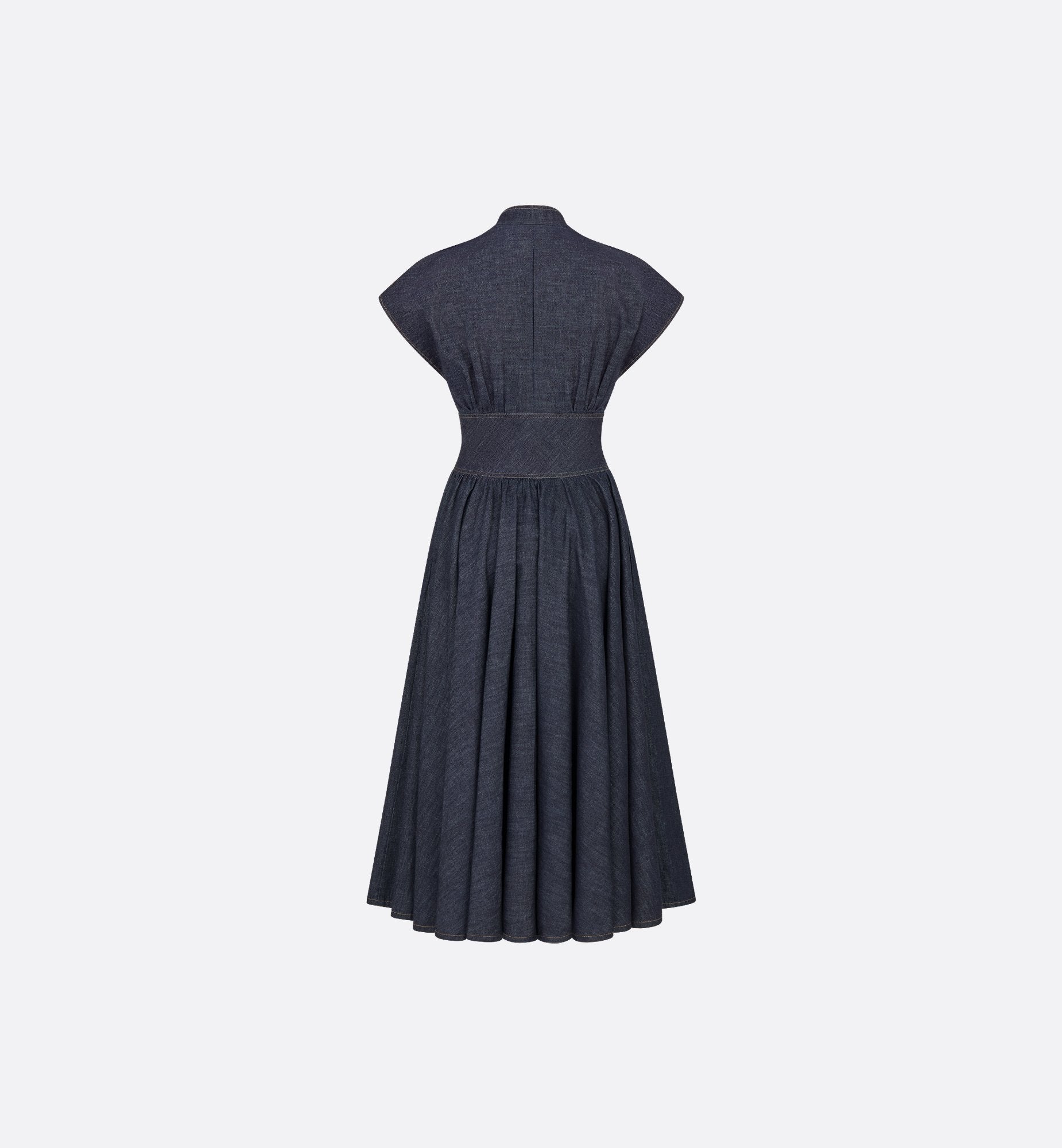 Flared Mid Length Dress Deep Blue Cotton Denim