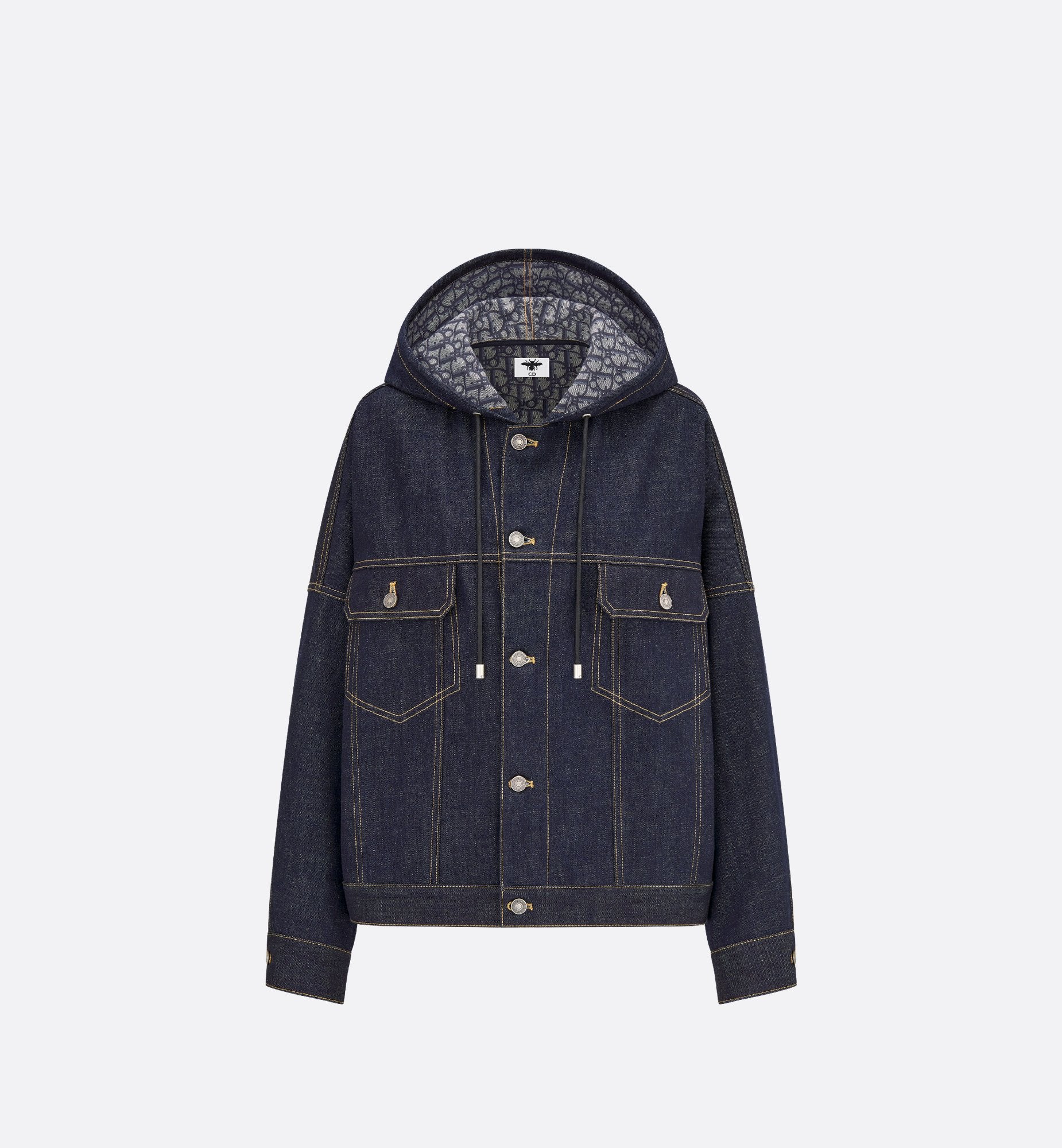 Oversized Hooded Jacket Blue Cotton Denim With Dior Oblique Interior