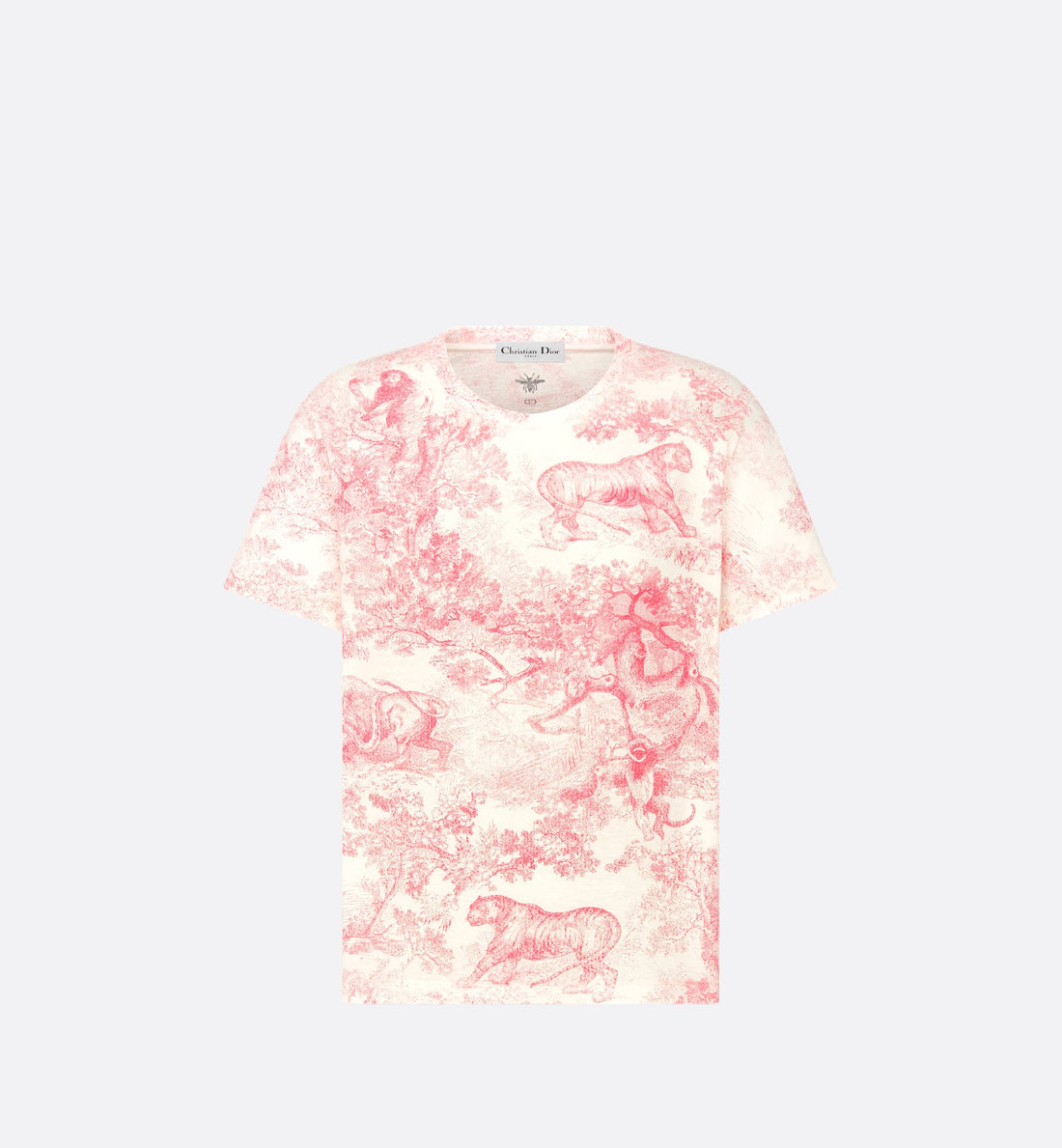 Dioriviera T-Shirt White And Candy Pink Cotton And Linen Jersey With Toile De Jouy Sauvage Motif