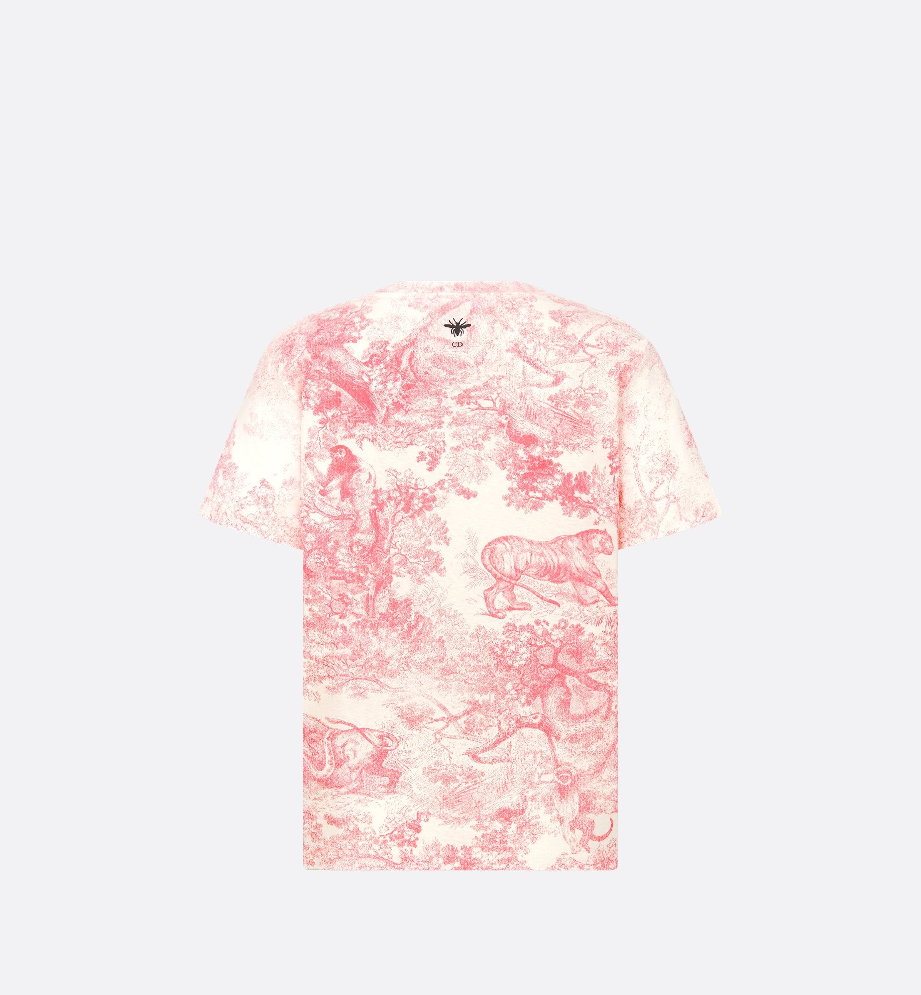 Dioriviera T-Shirt White And Candy Pink Cotton And Linen Jersey With Toile De Jouy Sauvage Motif