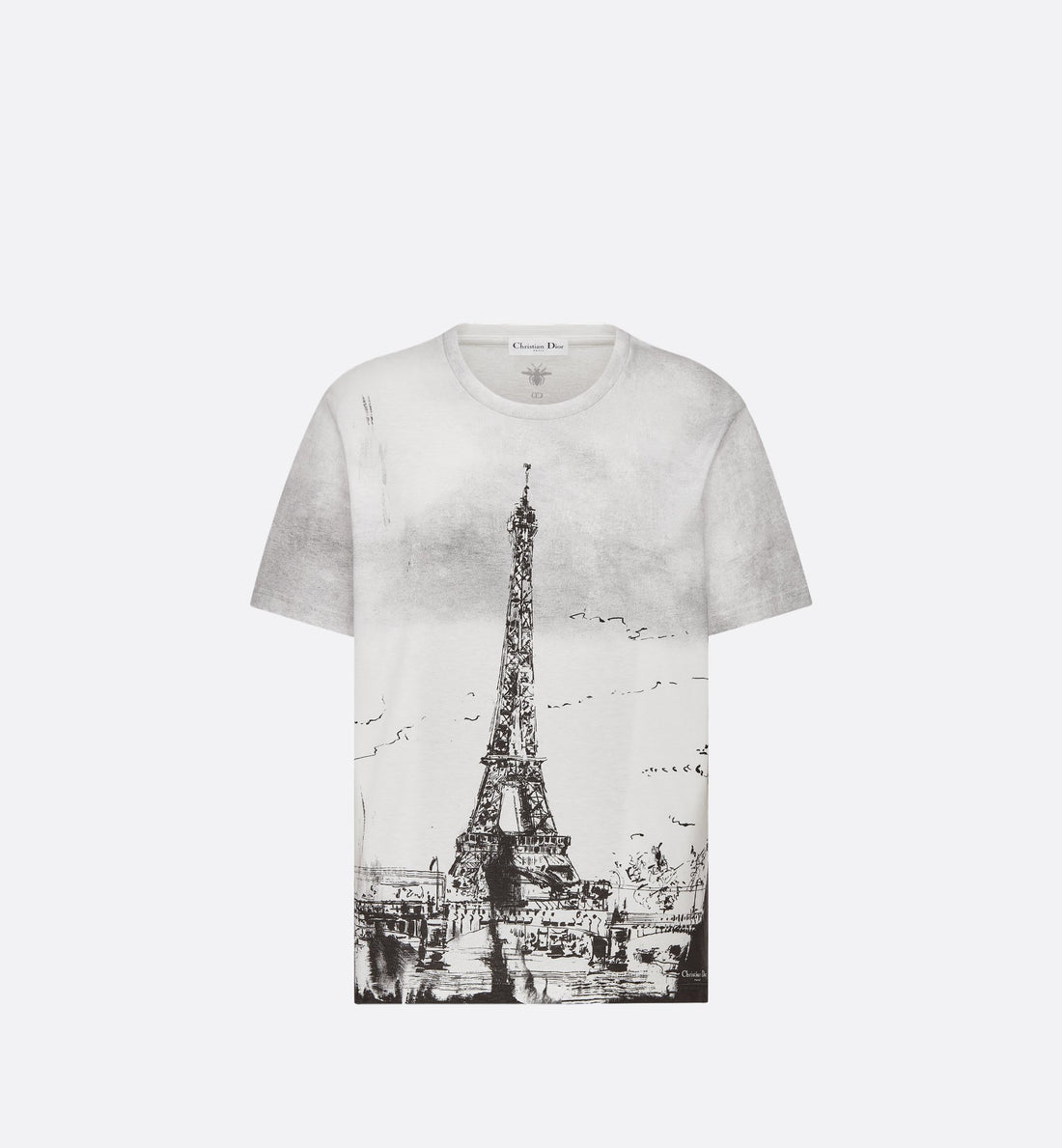 T-Shirt Black And White Cotton And Linen Jersey With Paris Motif