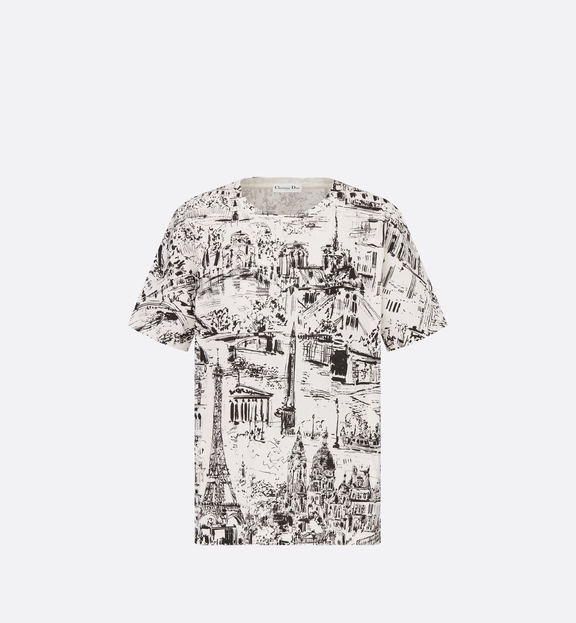 T-Shirt White And Black Cotton And Linen Jersey With Paris Allover Motif