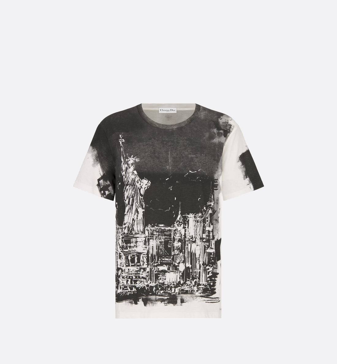 T-Shirt Black And White Cotton And Linen Jersey With New York Motif