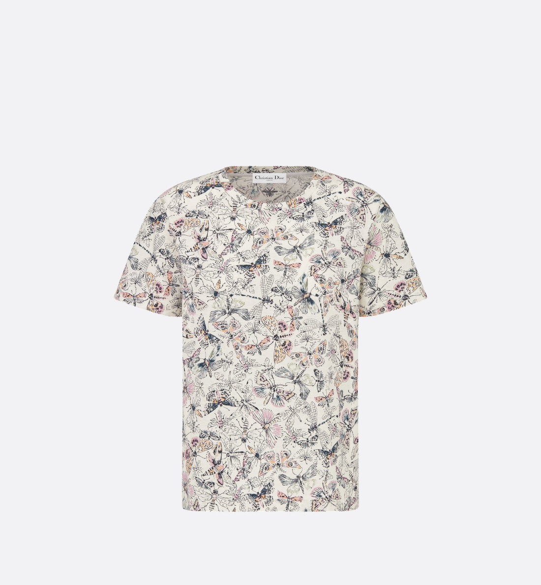 T-Shirt White Cotton And Linen Jersey With Multicolor Libellule Camouflage Motif