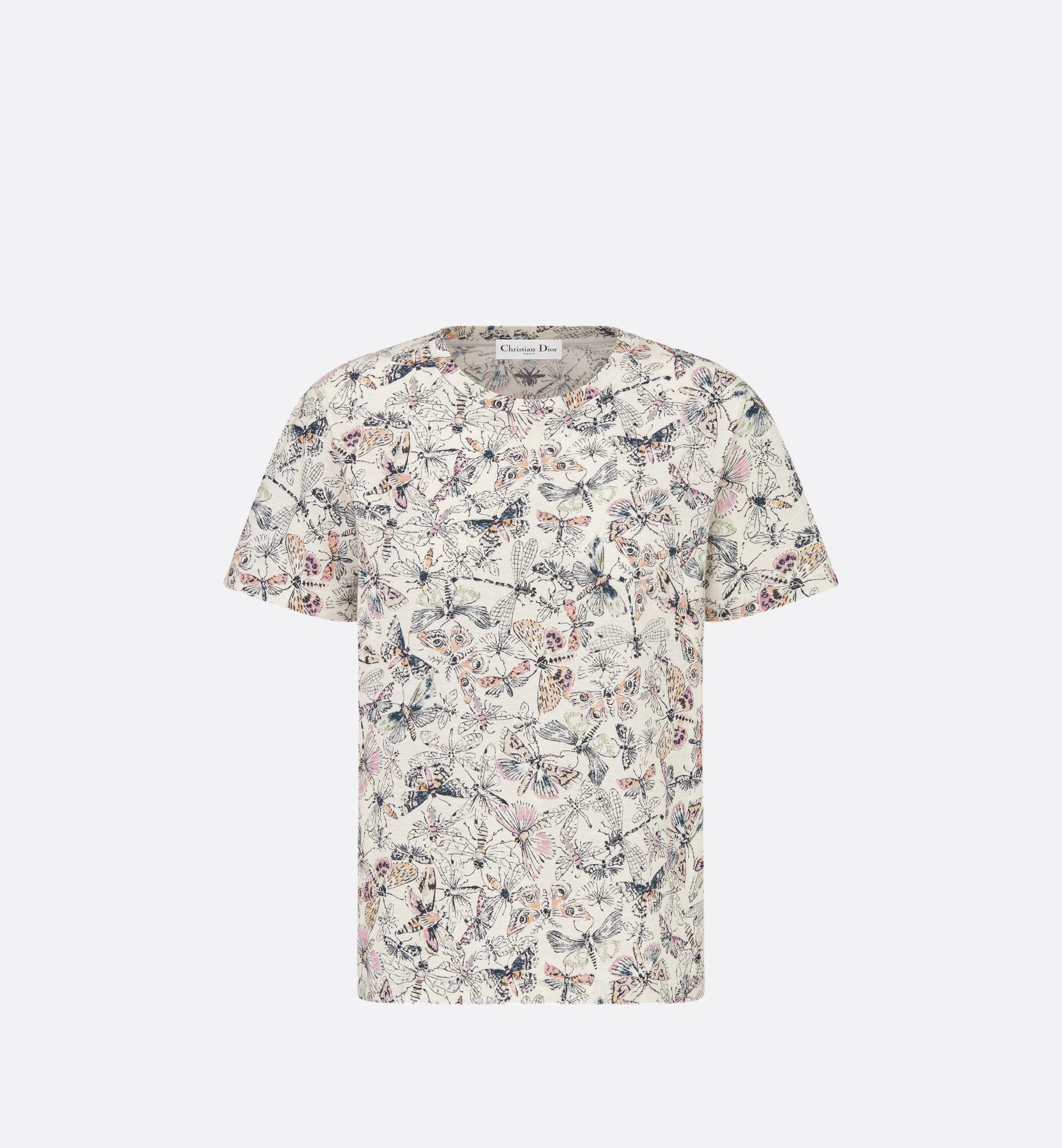 T-Shirt White Cotton And Linen Jersey With Multicolor Libellule Camouflage Motif