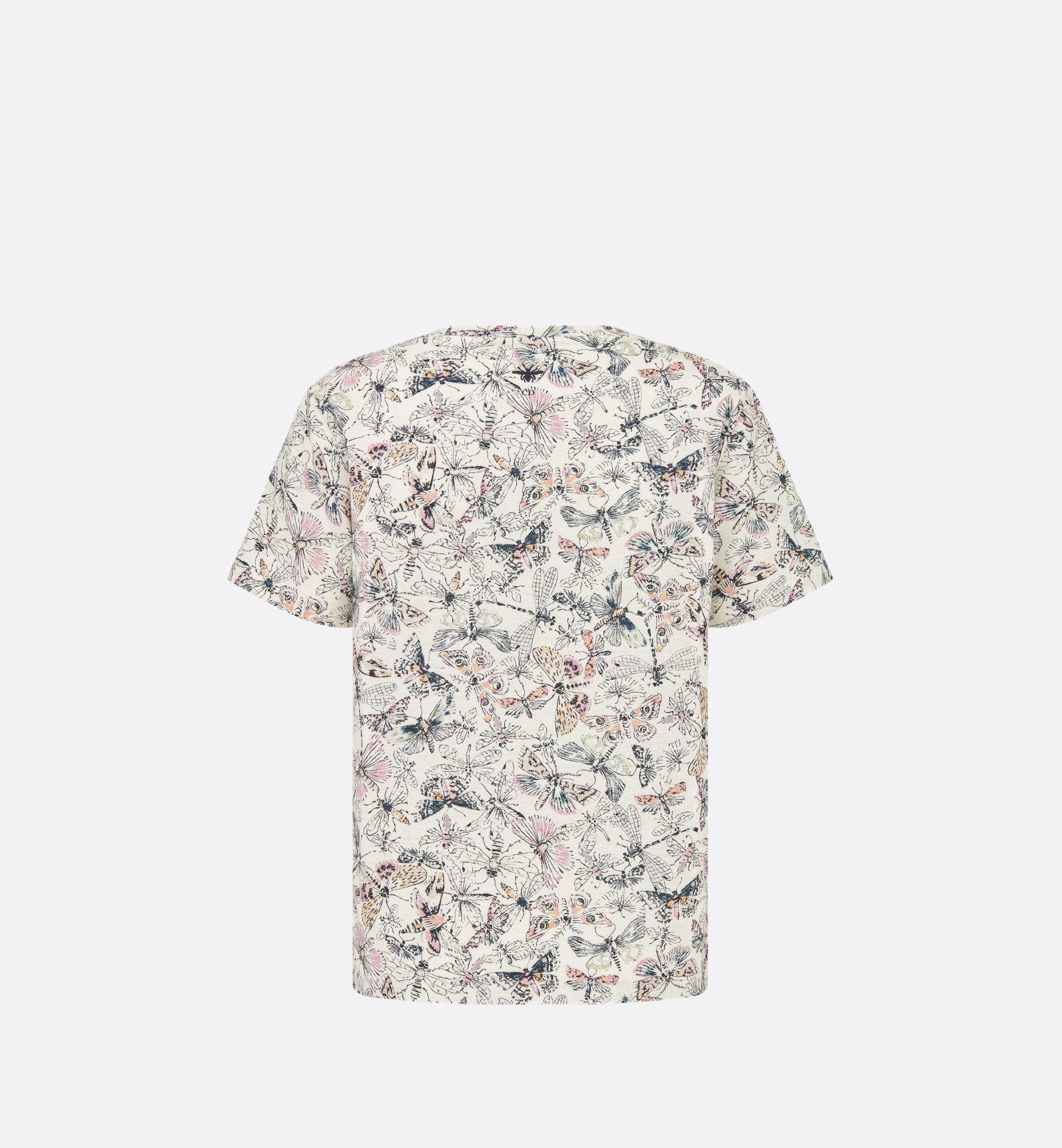 T-Shirt White Cotton And Linen Jersey With Multicolor Libellule Camouflage Motif