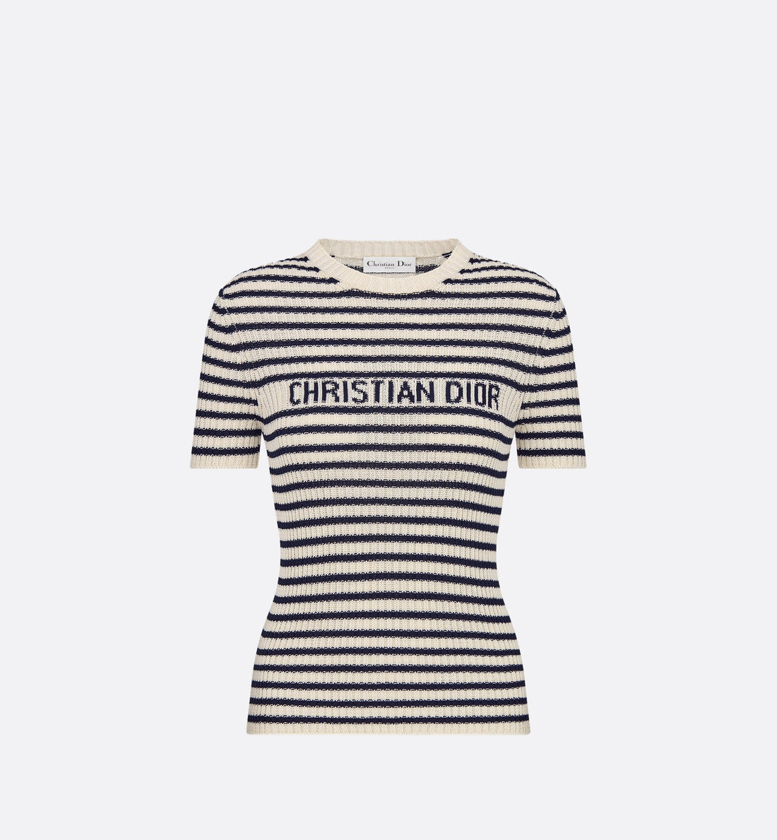 Dioriviera Short-Sleeved Sweater White And Navy Blue Cotton Ribbed Knit With Dior Marinière Motif