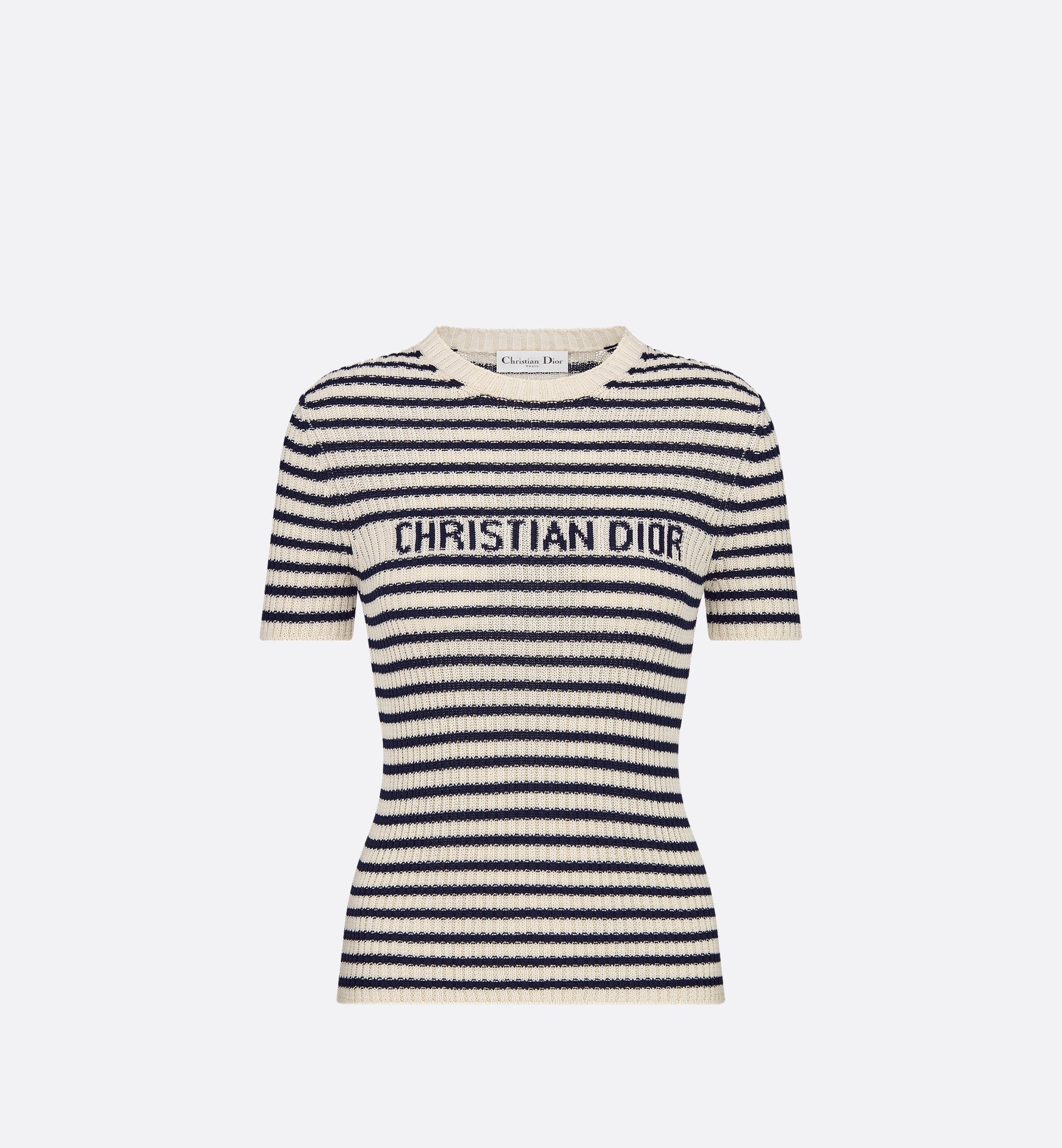 Dioriviera Short-Sleeved Sweater White And Navy Blue Cotton Ribbed Knit With Dior Marinière Motif