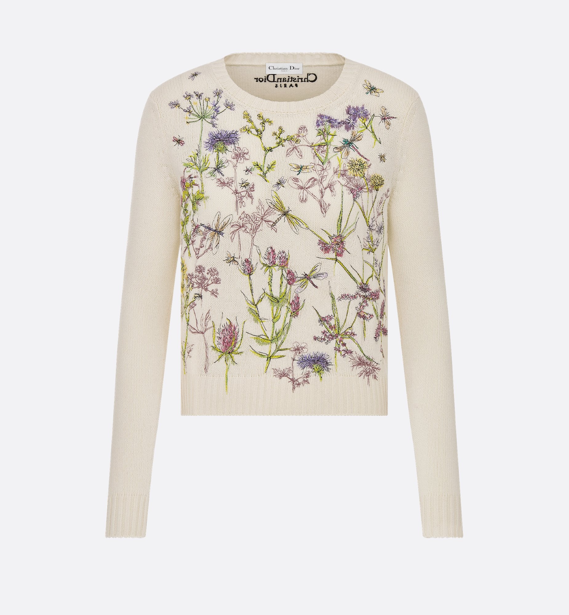 Embroidered Sweater White Cashmere Knit With Multicolor Dior Herbarium Motif