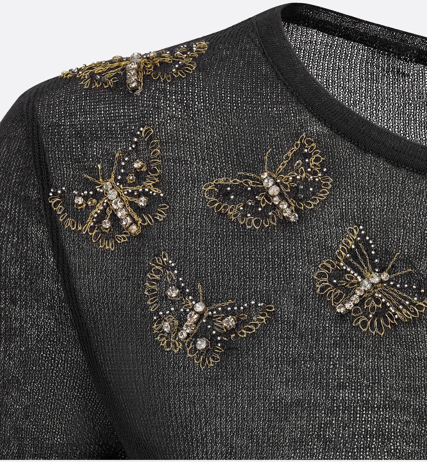 Short Sleeved Embroidered Sweater Black Cotton Blend Knit With Butterfly Motif