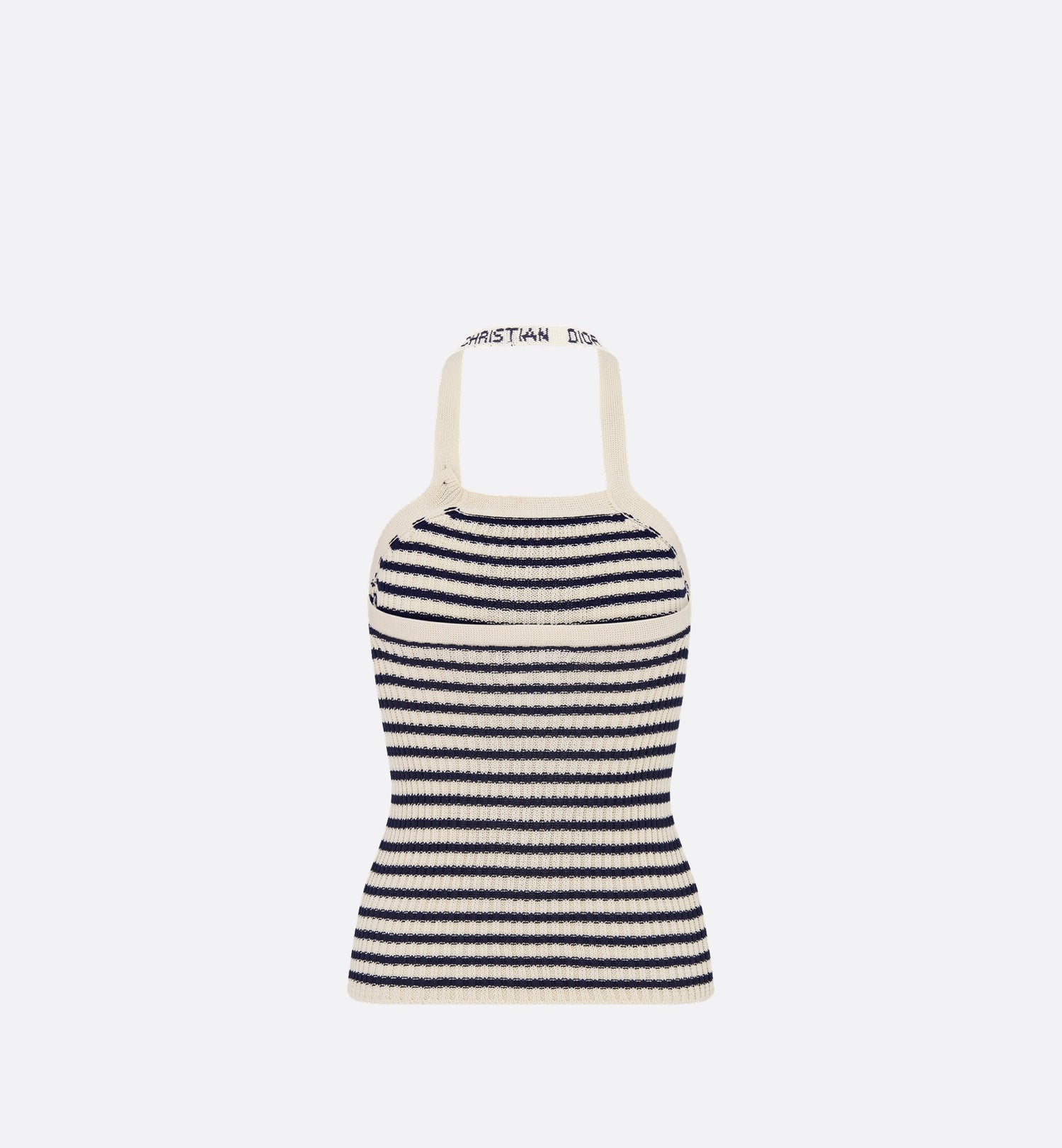 Dioriviera Backless Tank Top White And Navy Blue Cotton Ribbed Knit With Dior Marinière Motif