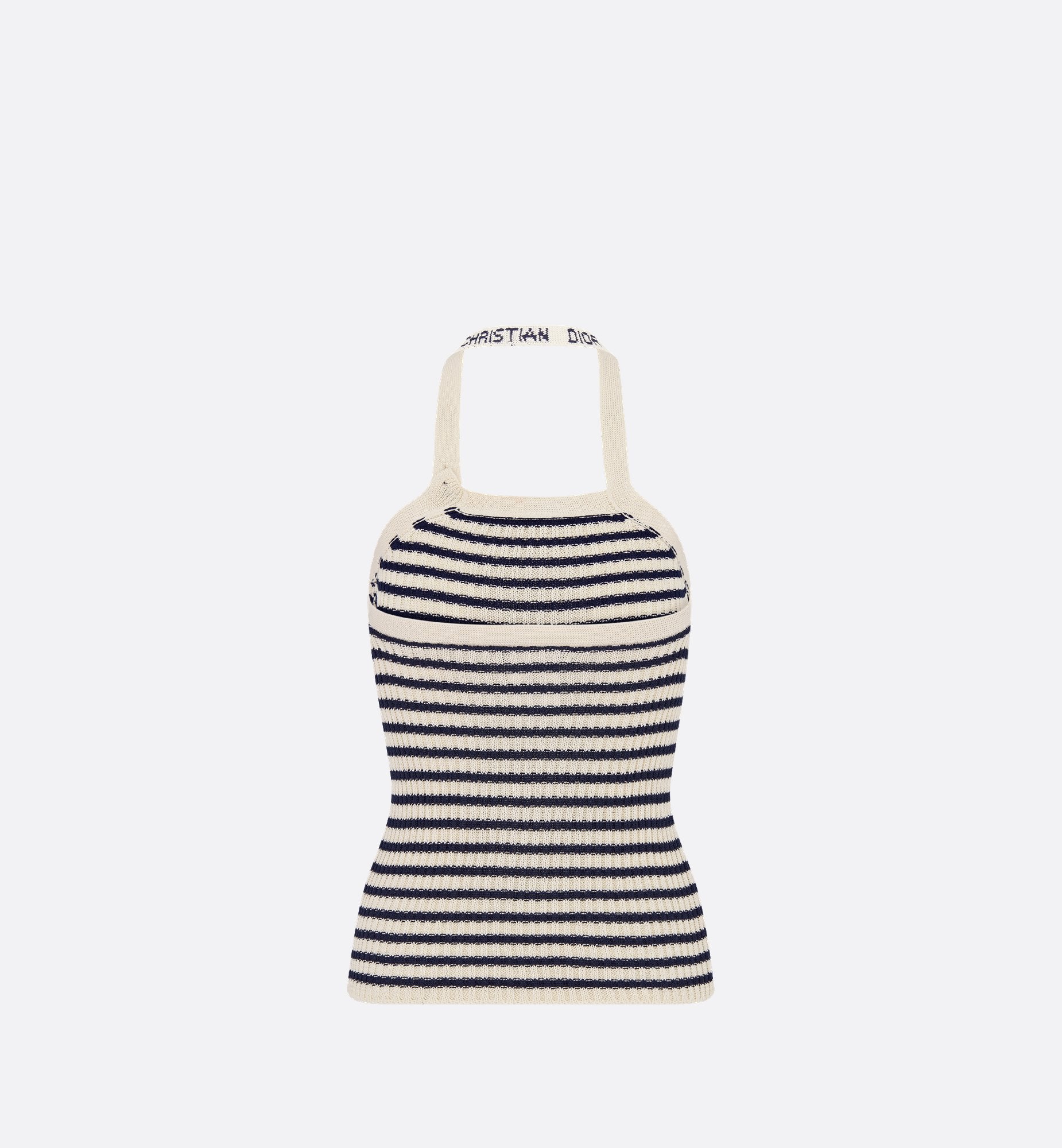 Dioriviera Backless Tank Top White And Navy Blue Cotton Ribbed Knit With Dior Marinière Motif