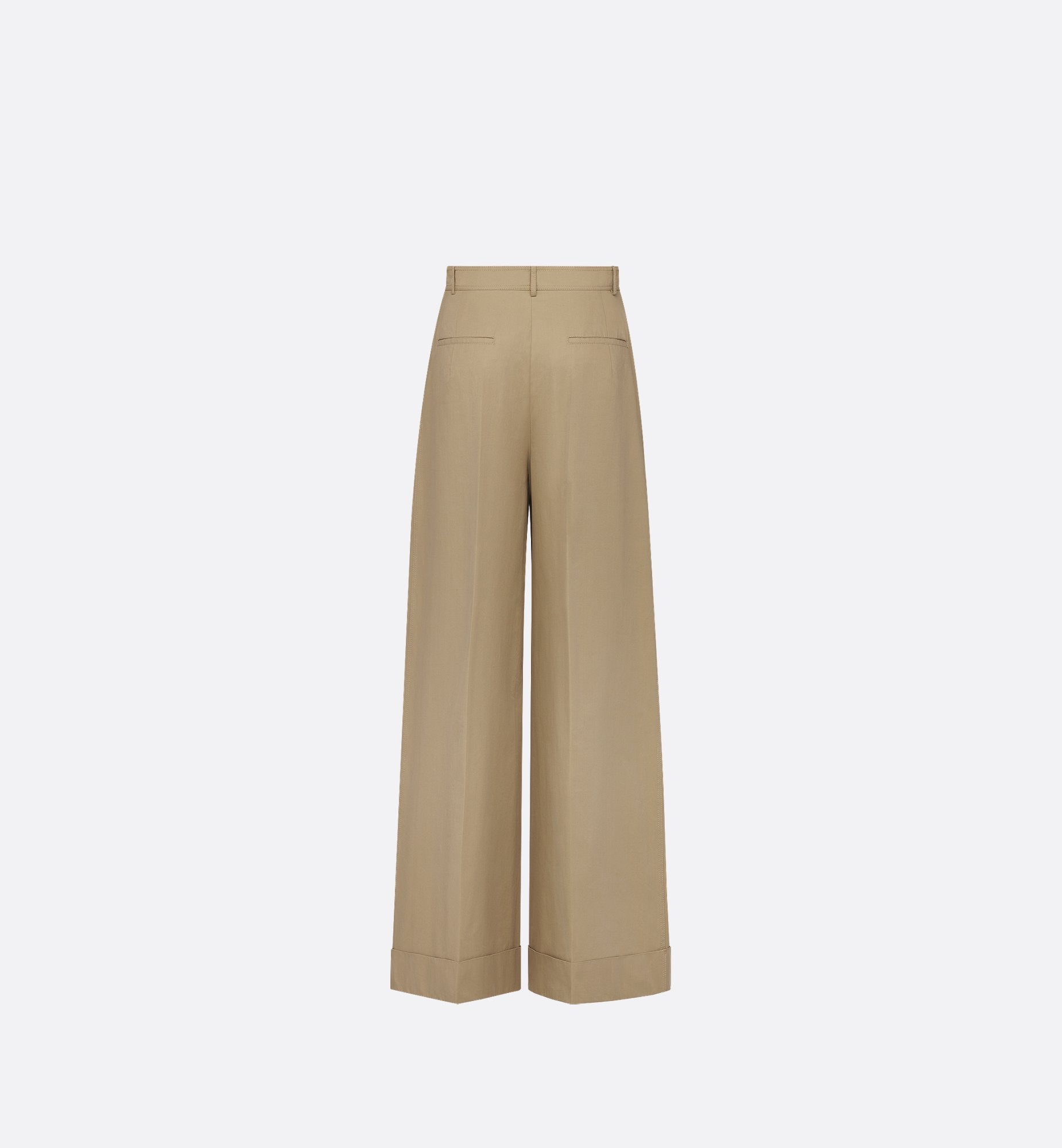 Wide Leg Pants Beige Cotton Gabardine