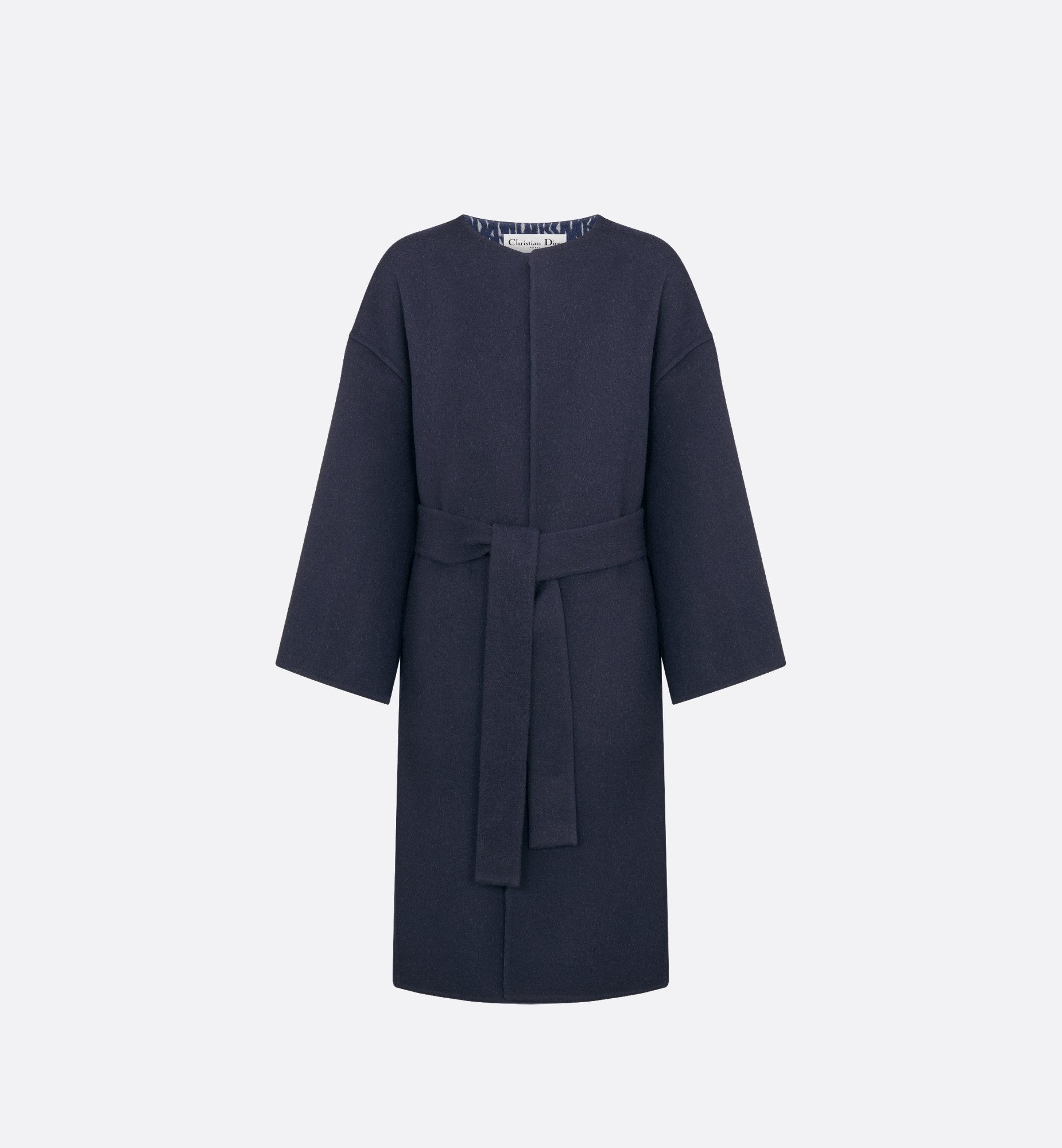 Coat With Belt Navy Blue Double Sided Virgin Wool And Silk With Miss Dior Allover Interior