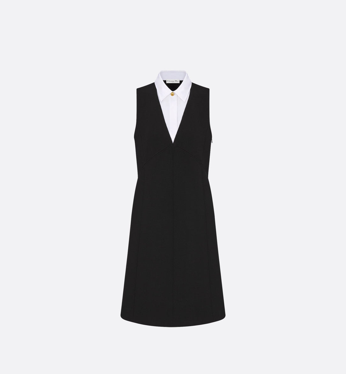 Dress With Spread Collar Black Double-Sided Virgin Wool Crepe And White Cotton Poplin