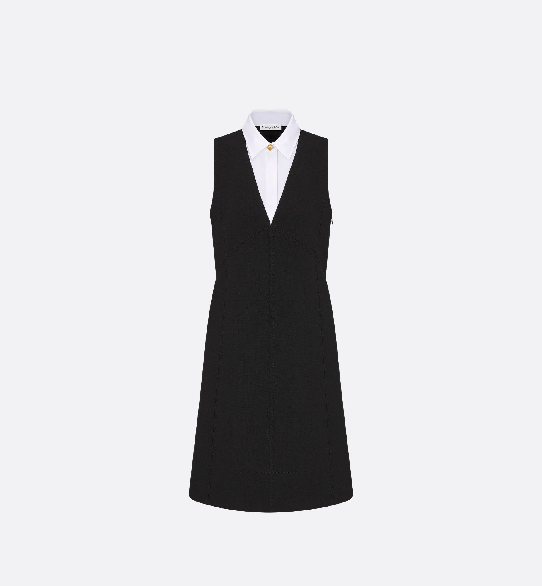 Dress With Spread Collar Black Double-Sided Virgin Wool Crepe And White Cotton Poplin