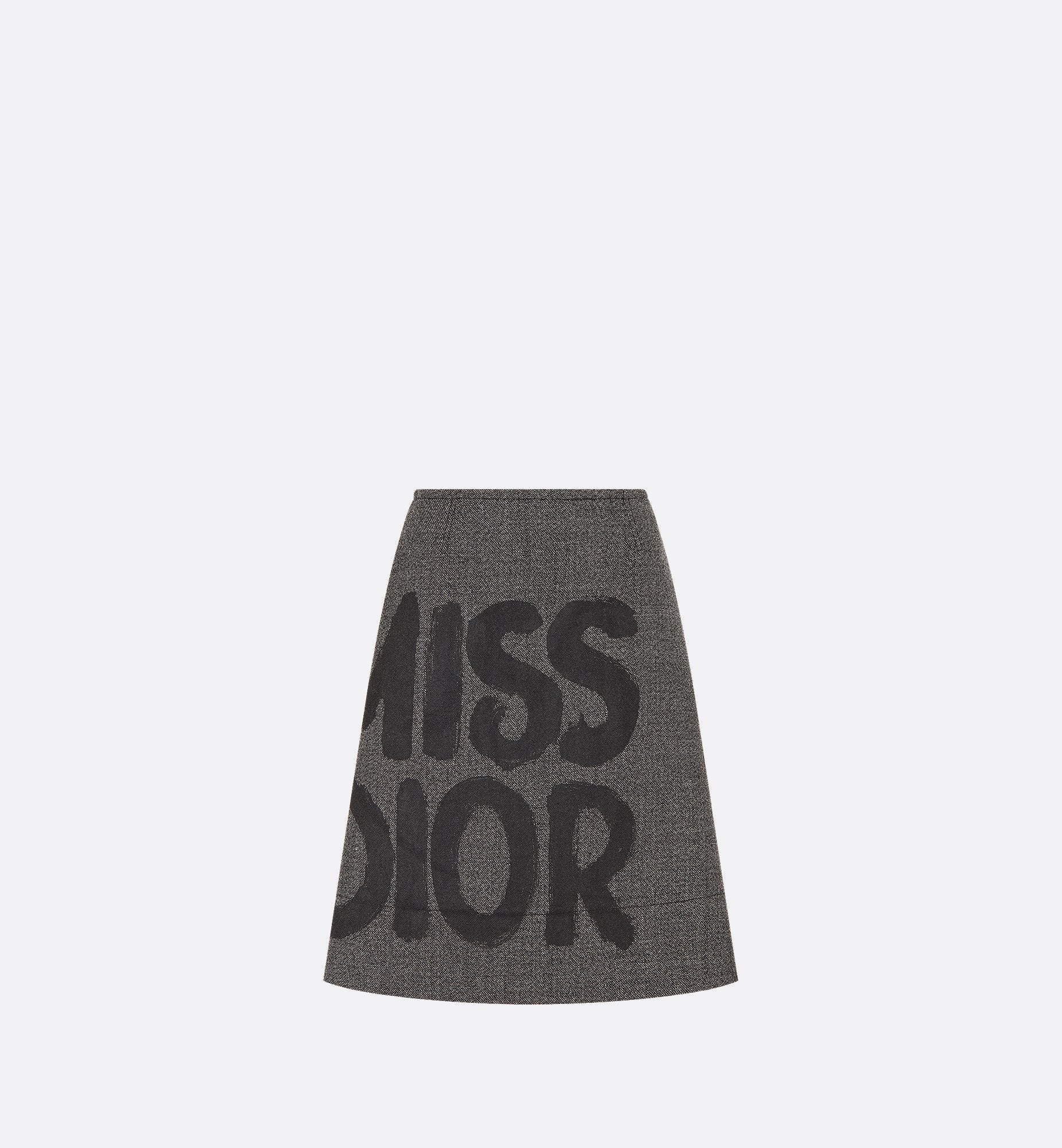 Skirt Gray End On End Virgin Wool With Black Miss Dior Graffiti Motif