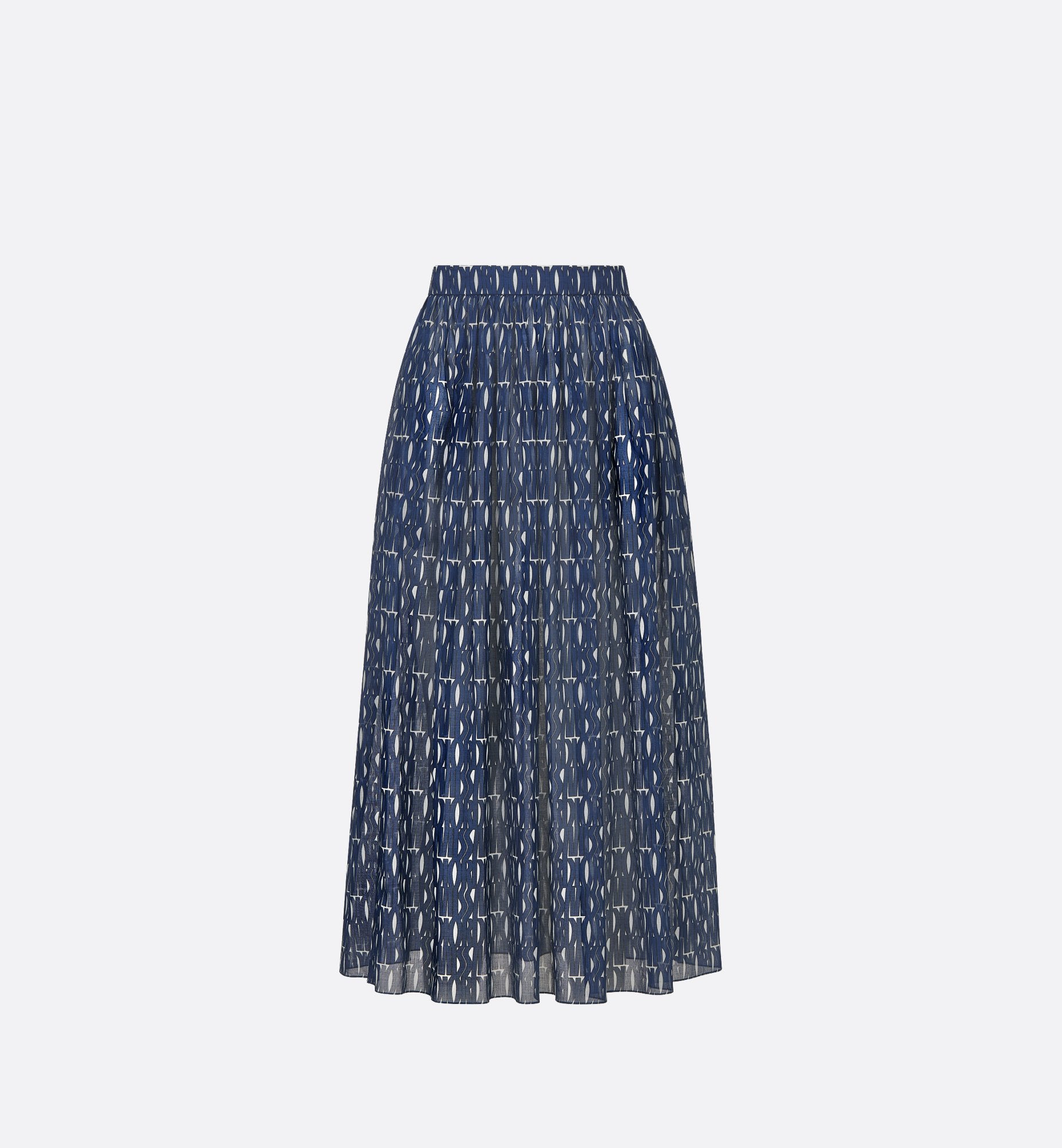 Pleated Mid-Length Skirt White Cotton Muslin With Navy Blue Miss Dior Allover Motif