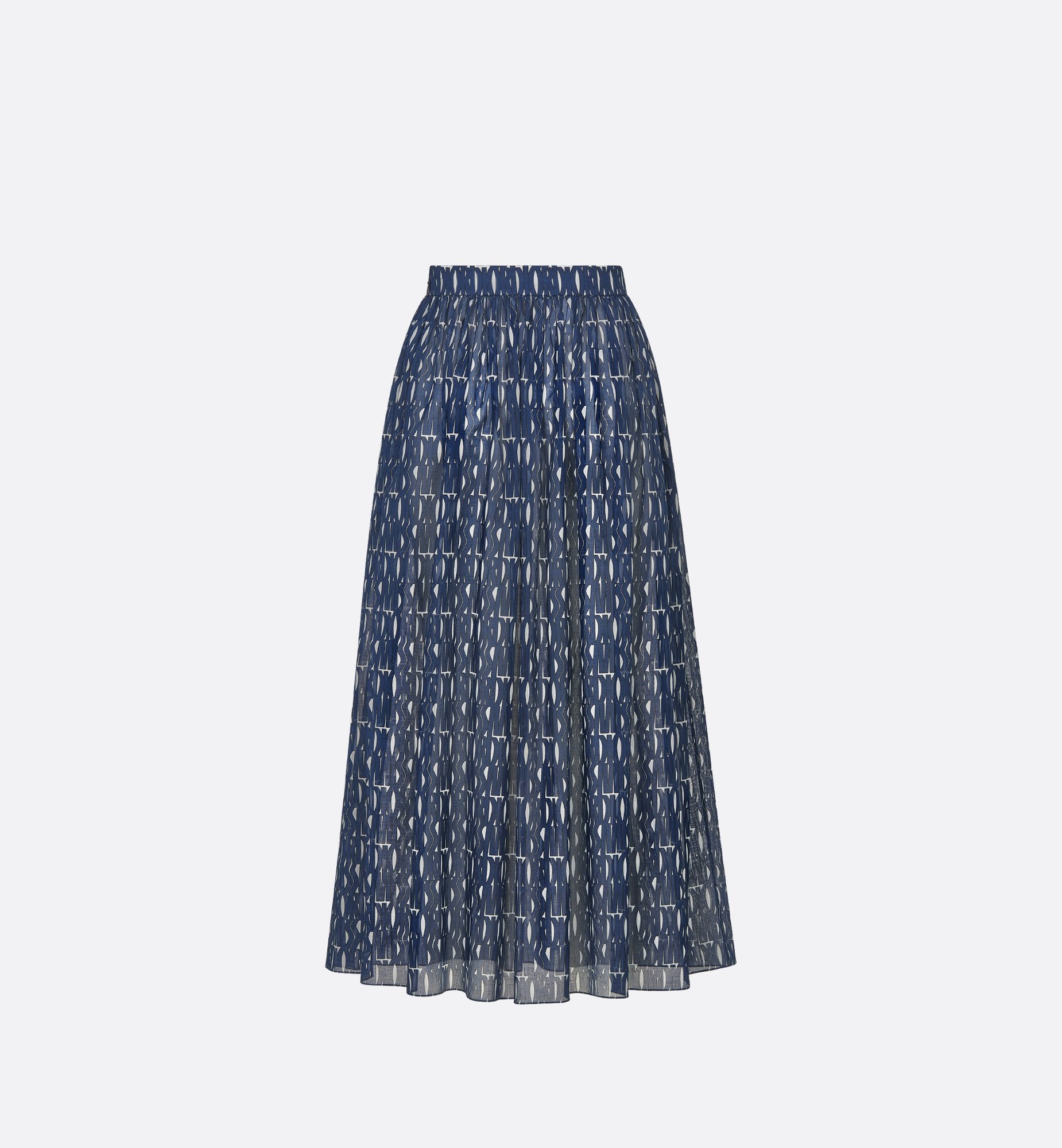 Pleated Mid-Length Skirt White Cotton Muslin With Navy Blue Miss Dior Allover Motif