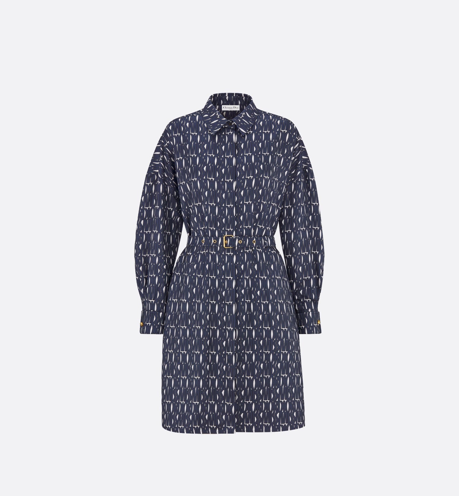 Belted Shirtdress White Silk Twill With Navy Blue Miss Dior Allover Motif