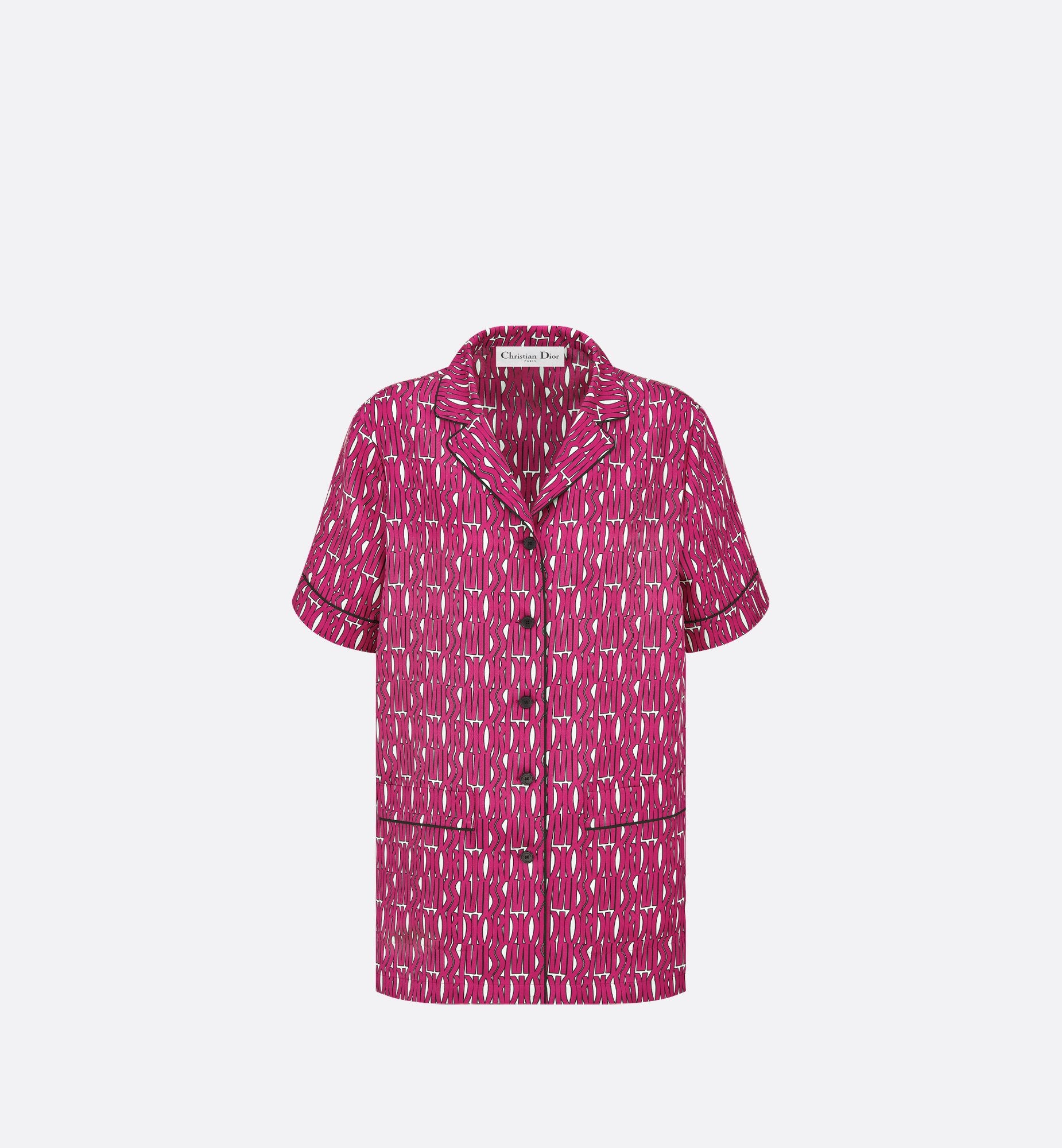 Short-Sleeved Shirt White Silk Twill With Fuchsia Miss Dior Allover Motif